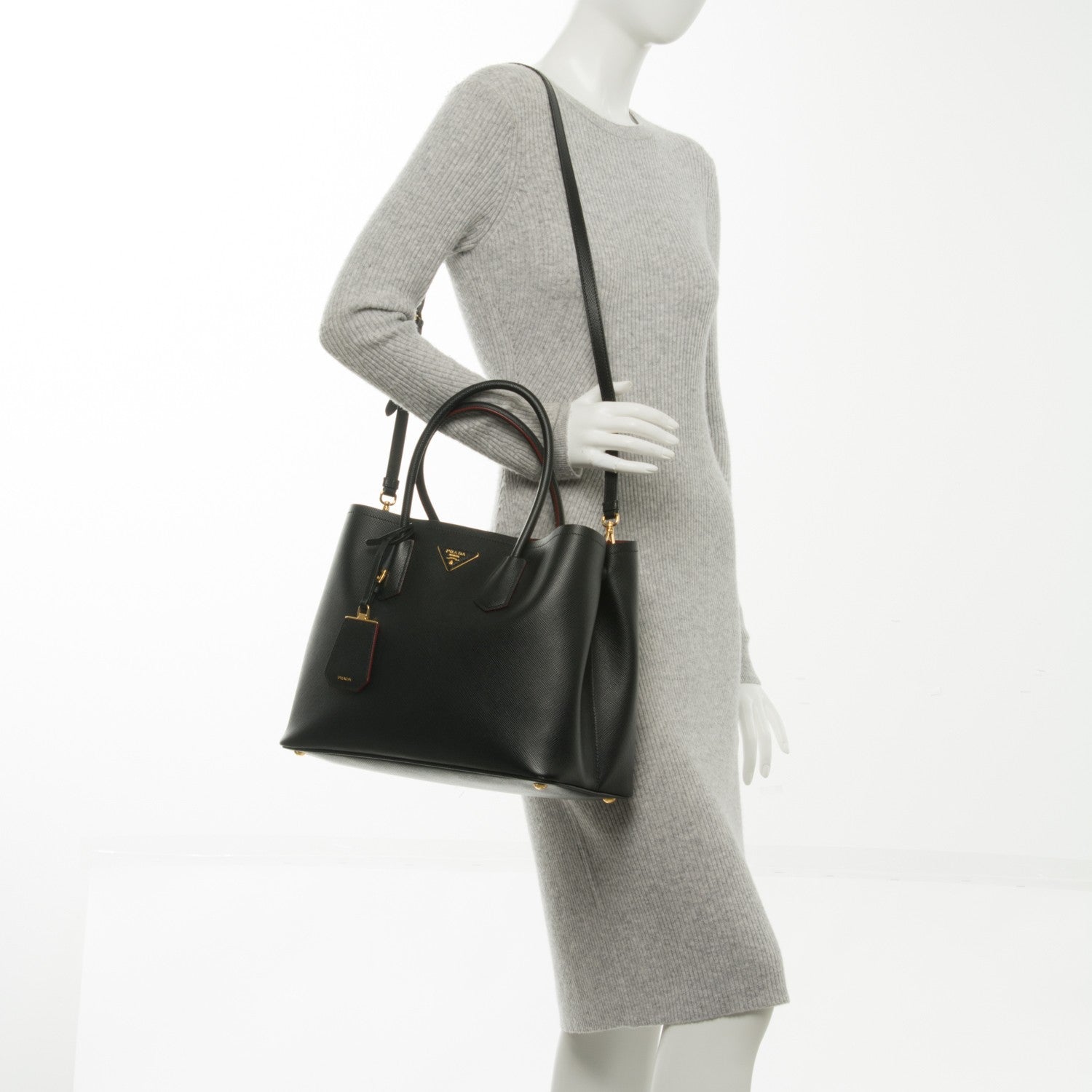 Prada Saffiano Cuir Large Double Bag Black Fuoco 2 of 6