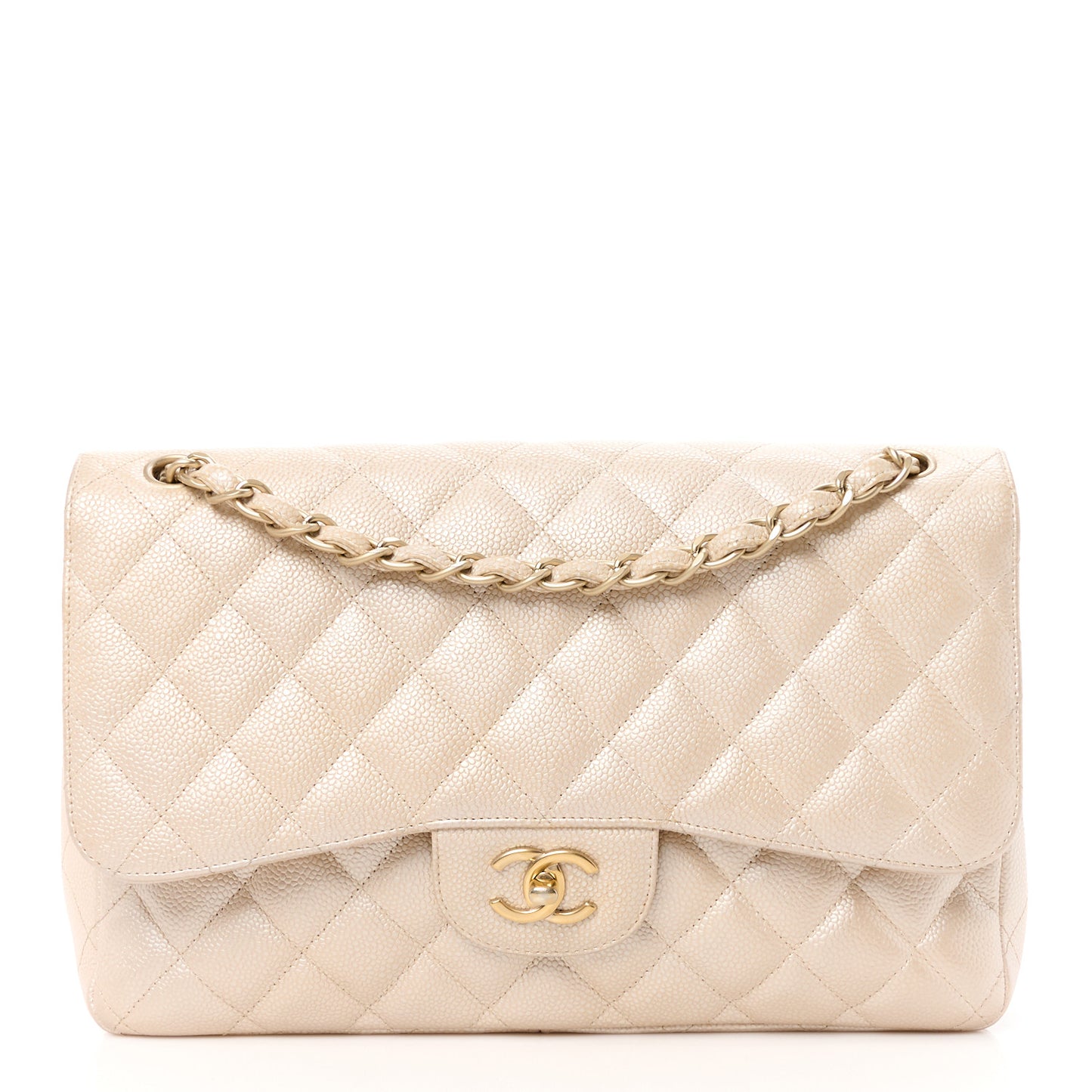 Iridescent Caviar Quilted Jumbo Double Flap Beige