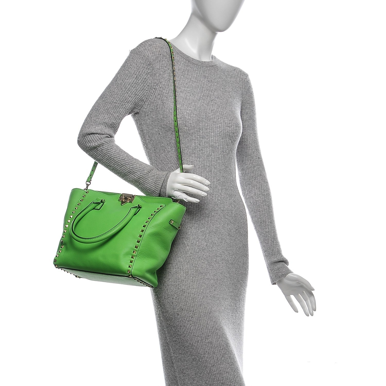 Valentino Garavani Vitello Rockstud Double Handle Tote Green Fluorescent 2 of 6