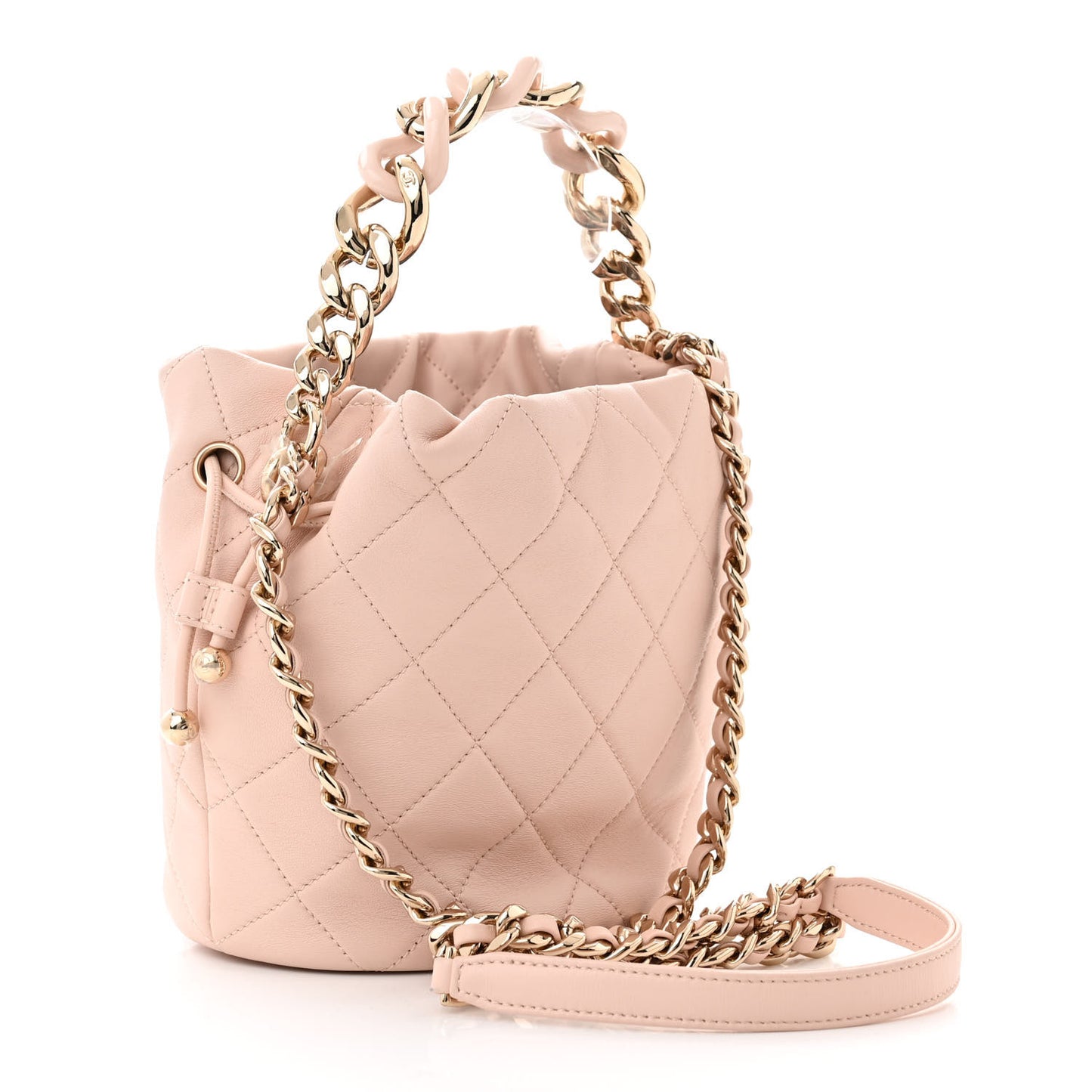 Lambskin Quilted Resin Bi-Color Chain Bucket Bag Light Beige