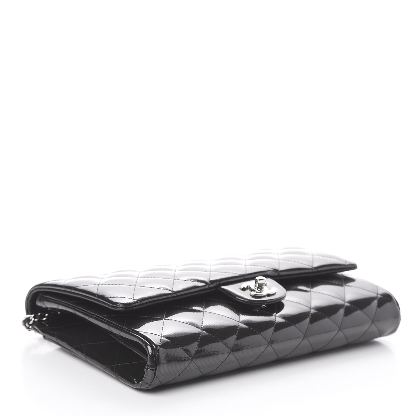 Striated Patent Quilted Clutch With Chain Flap Black