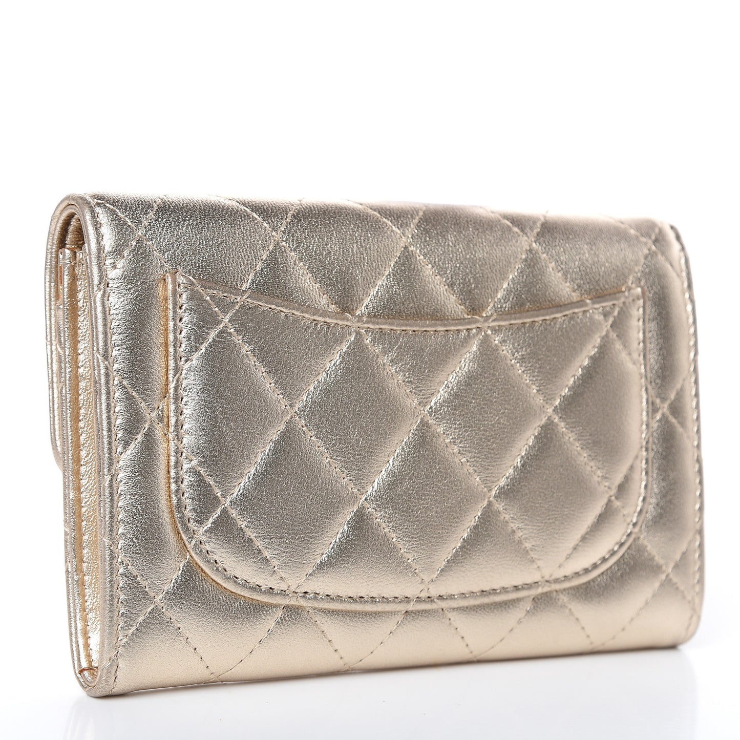 Metallic Lambskin Quilted Small Flap Wallet Pale Gold