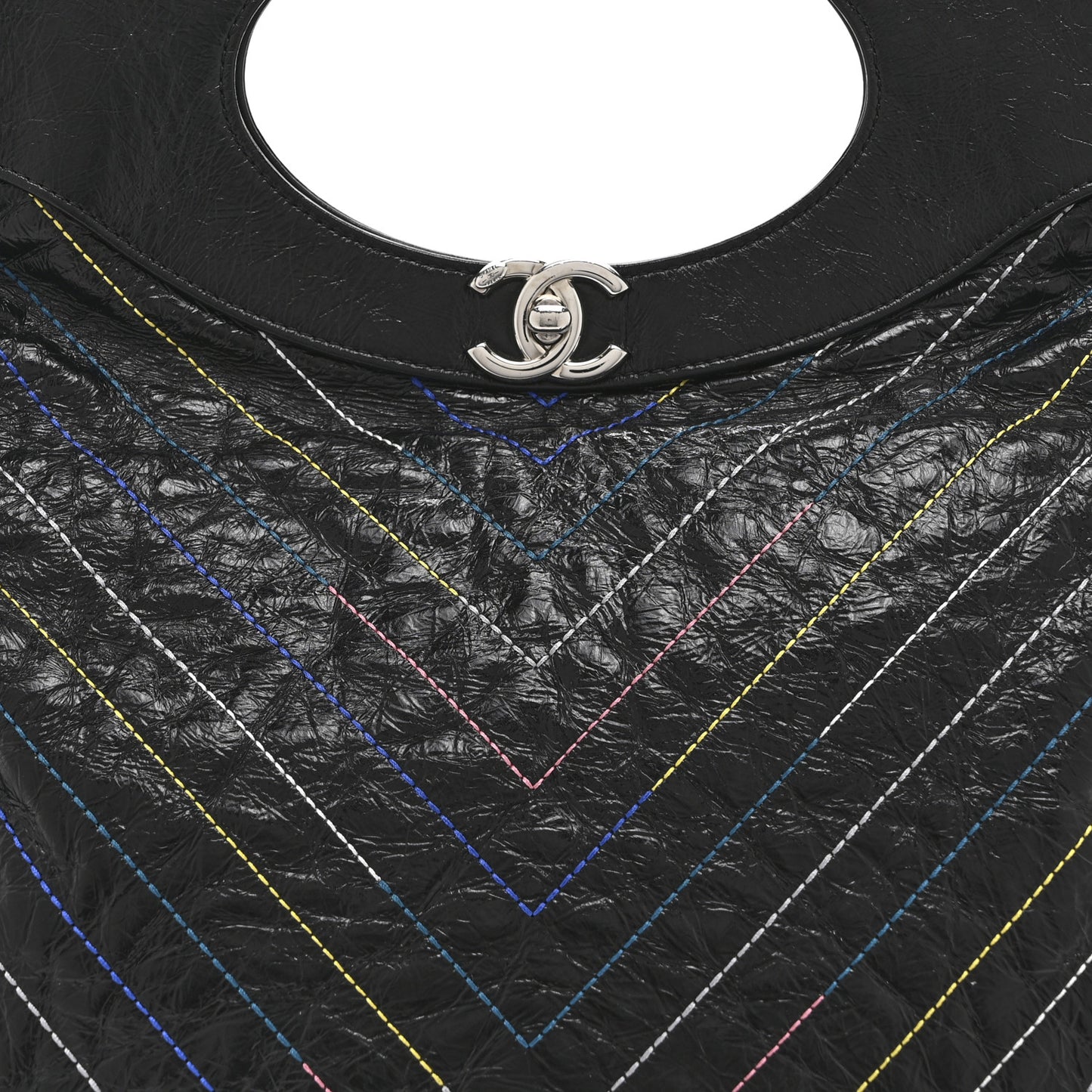 Glazed Calfskin Chevron Stitched Large 31 Shopping Bag Black Multicolor
