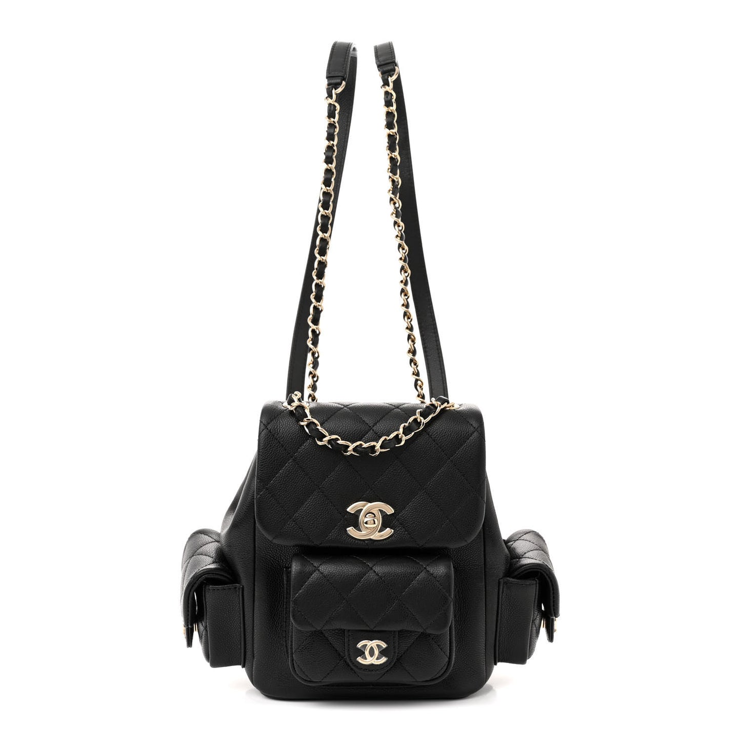 Shiny Caviar Quilted Small Pockets Drawstring Backpack Black