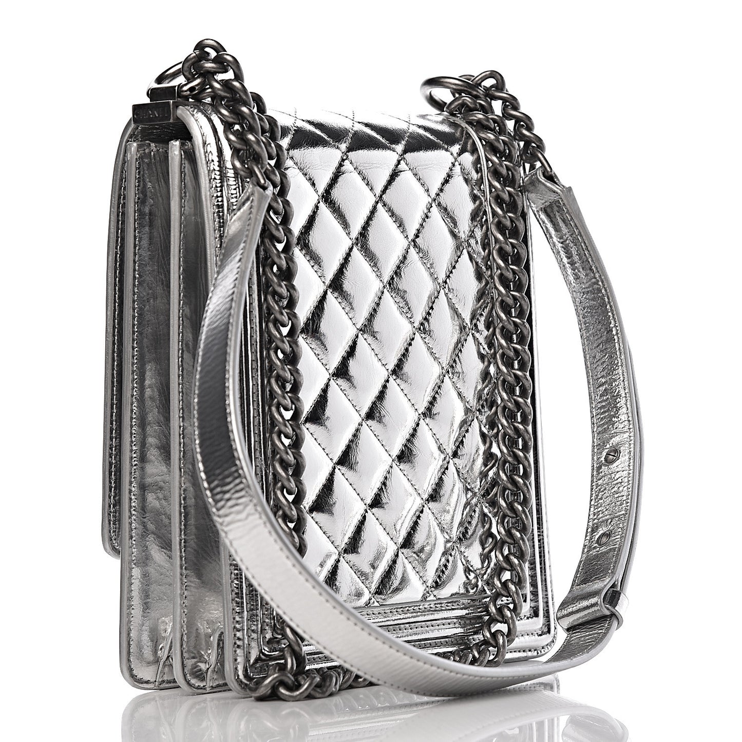 Metallic Goatskin Quilted North South Boy Flap Silver