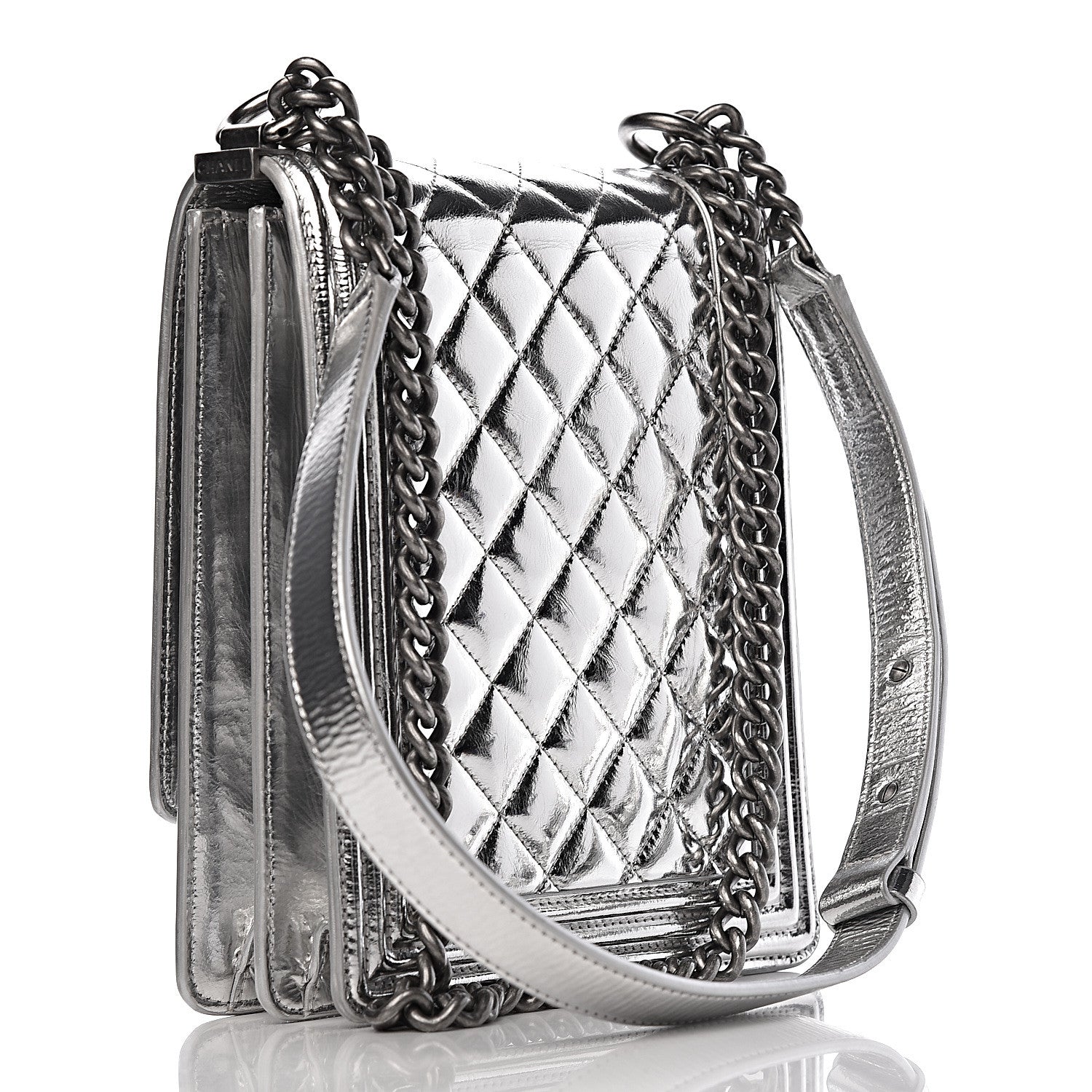 Chanel Metallic Goatskin Quilted North South Boy Flap Silver 3 of 11