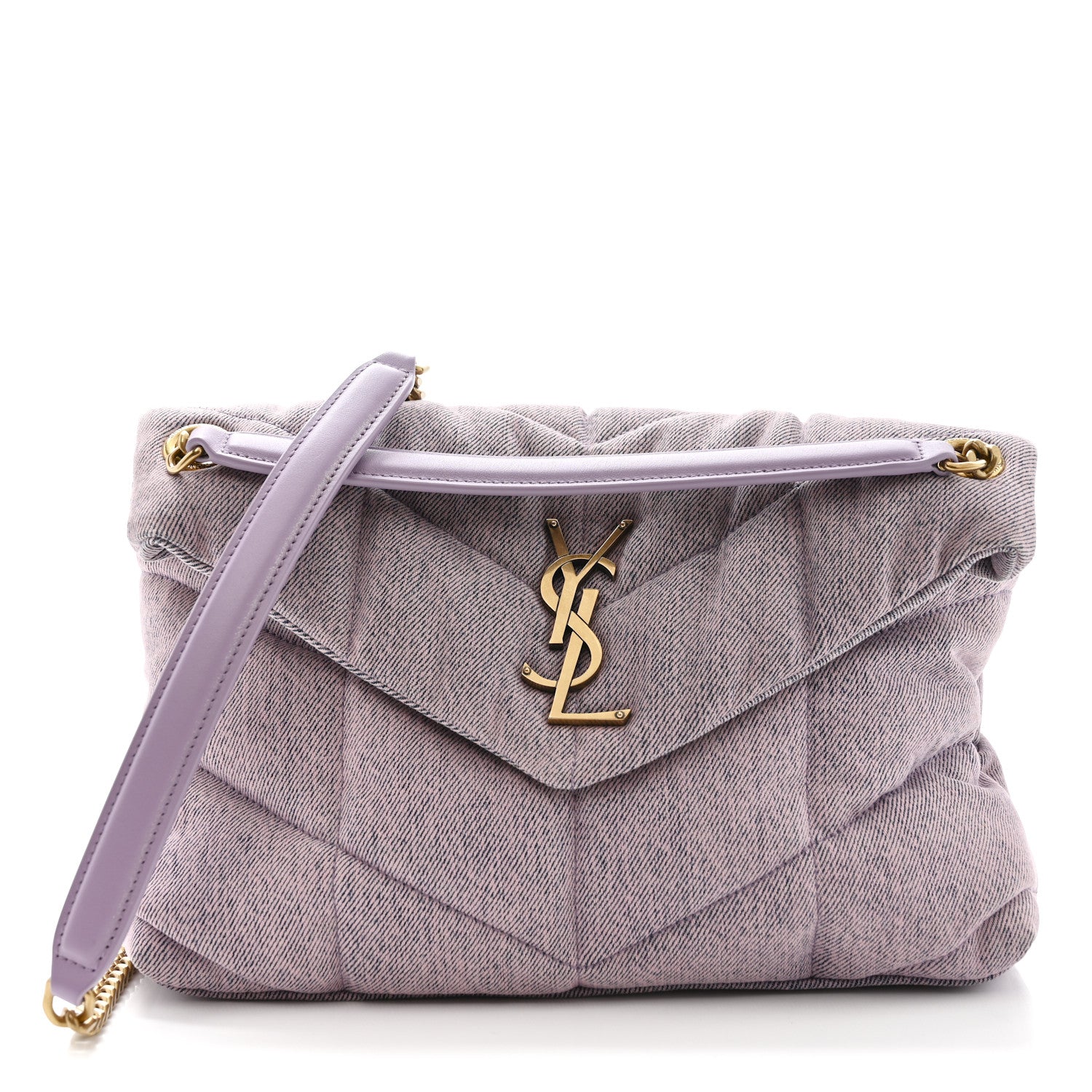 Saint Laurent Denim Quilted Small Loulou Puffer Monogram Chain Satchel Bleached Lilac 1 of 10