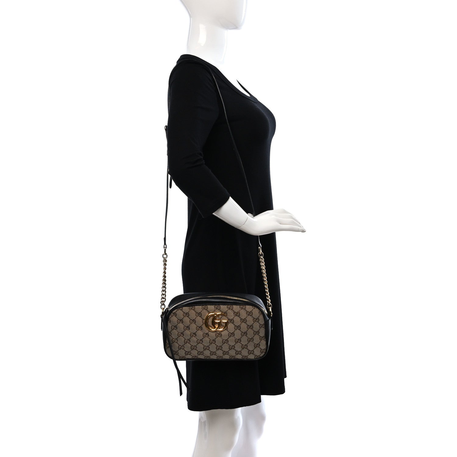 Gucci Monogram Matelasse Diagonal Small GG Marmont Chain Shoulder Bag Beige Black 3 of 14
