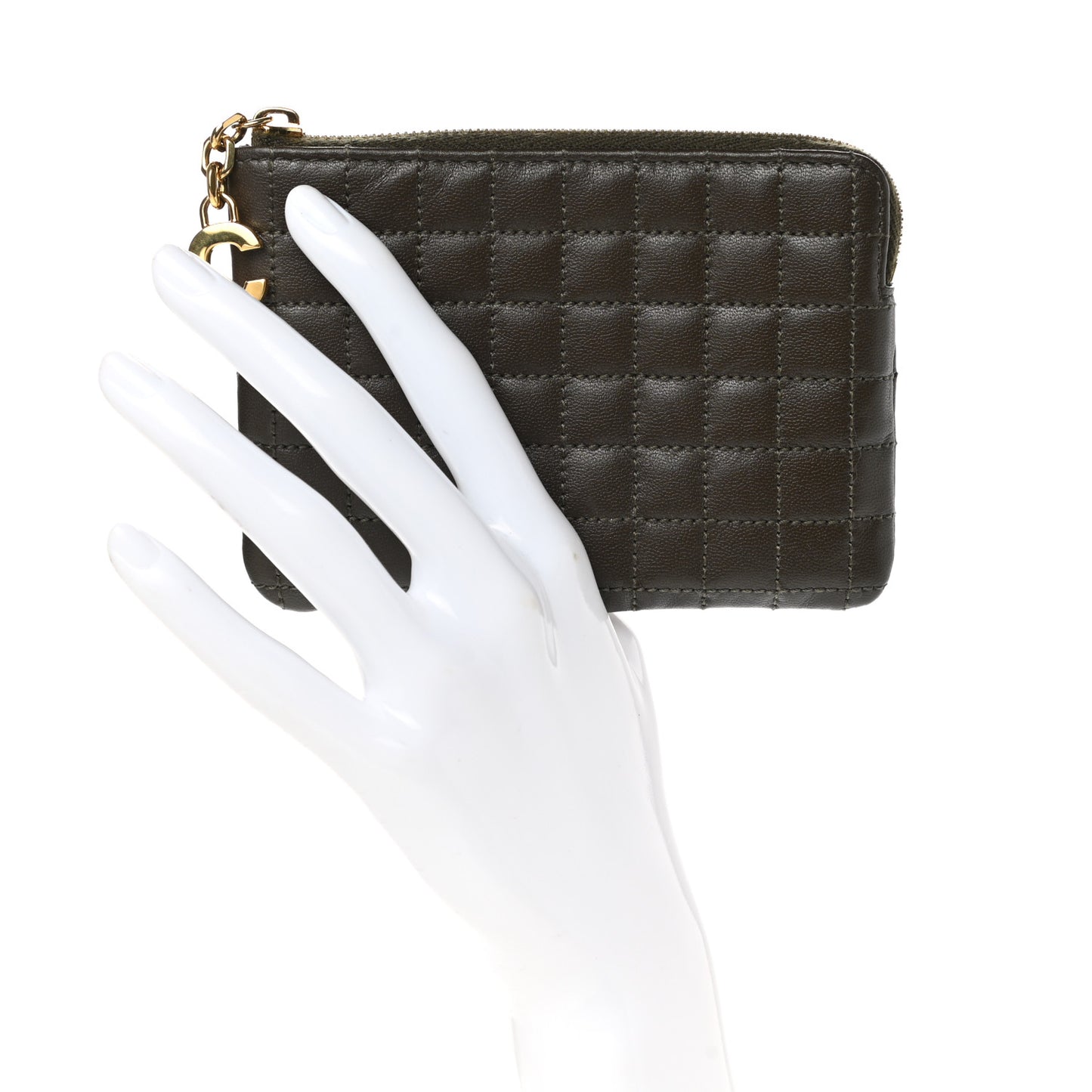 Calfskin Quilted C Charm Coin Card Pouch Khaki