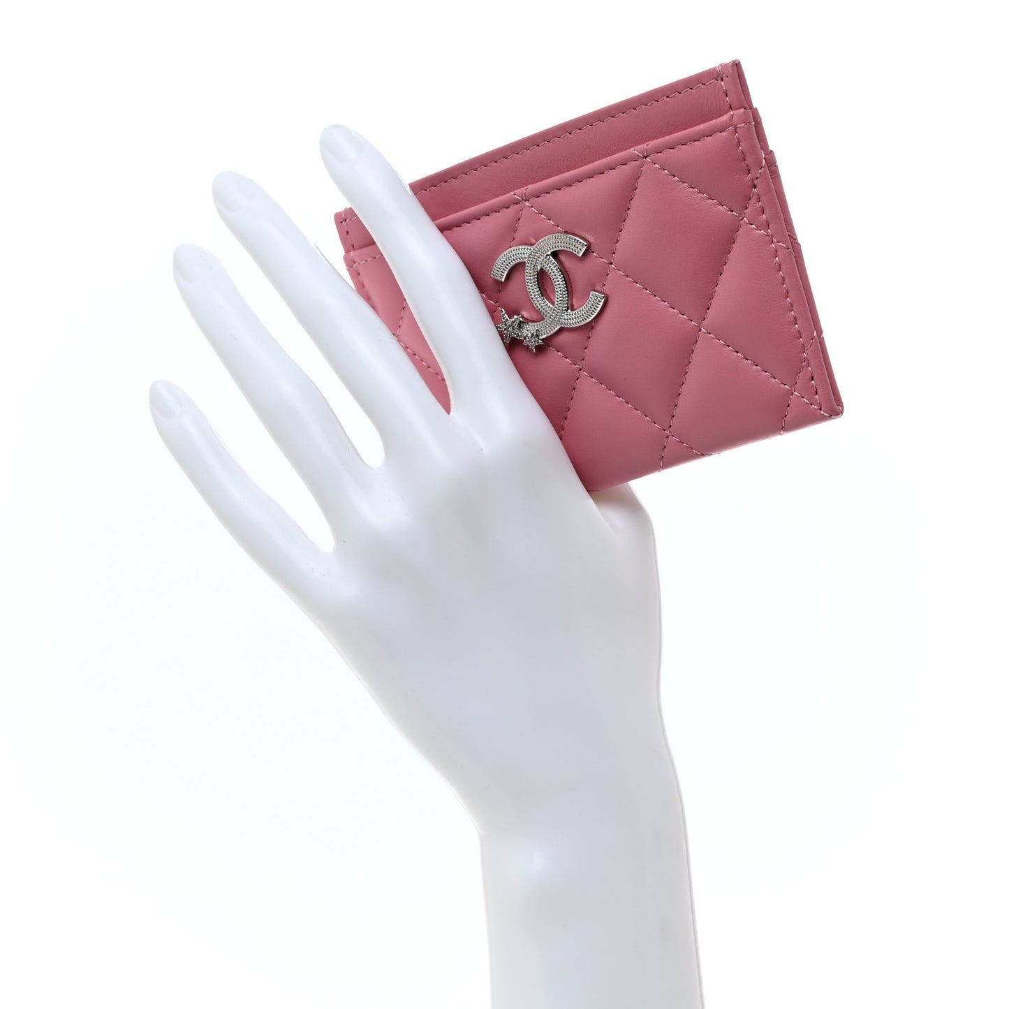 Lambskin Quilted Crystal Star Card Holder Pink