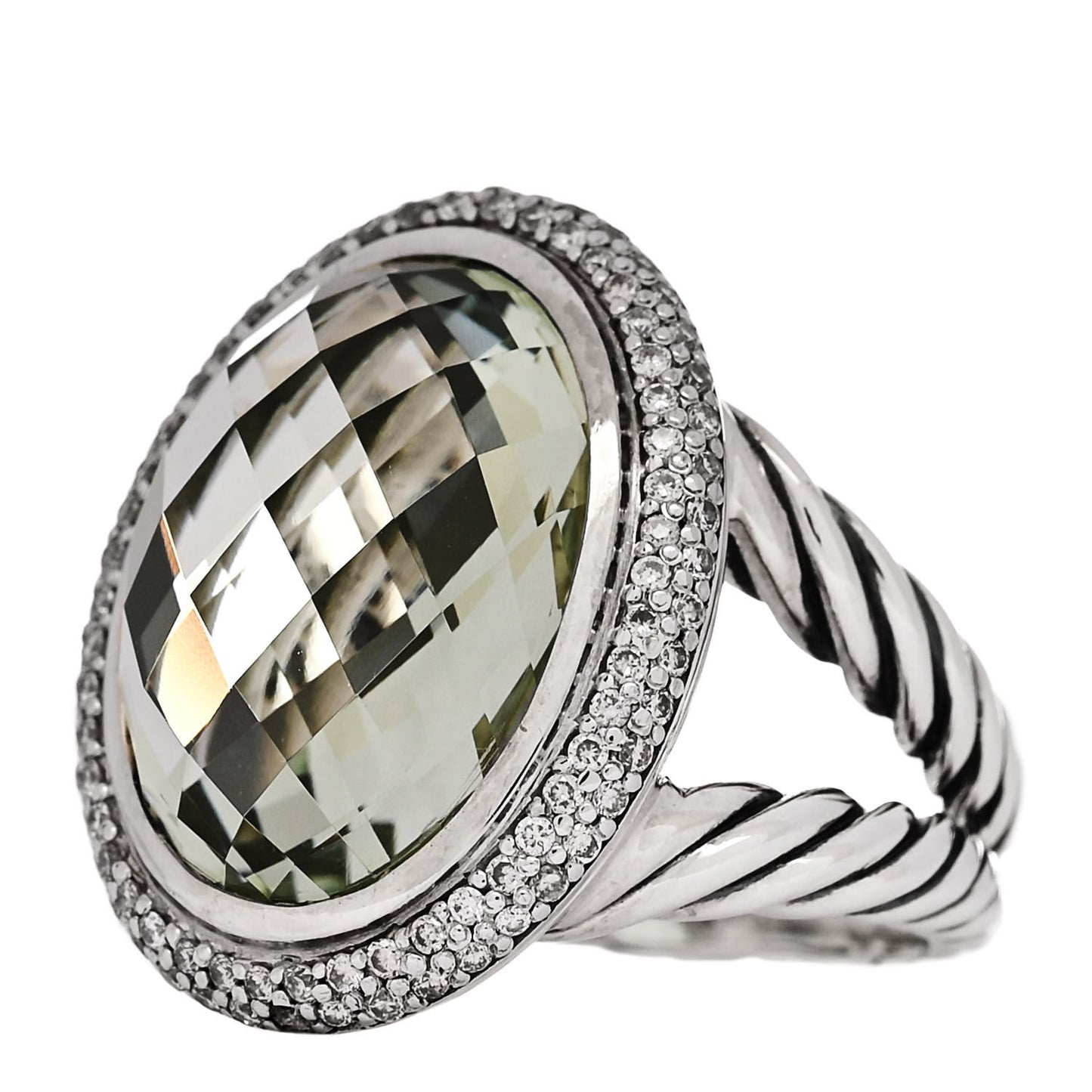 Sterling Silver Diamond Prasiolite 18mm Signature Oval Ring 54 6.75
