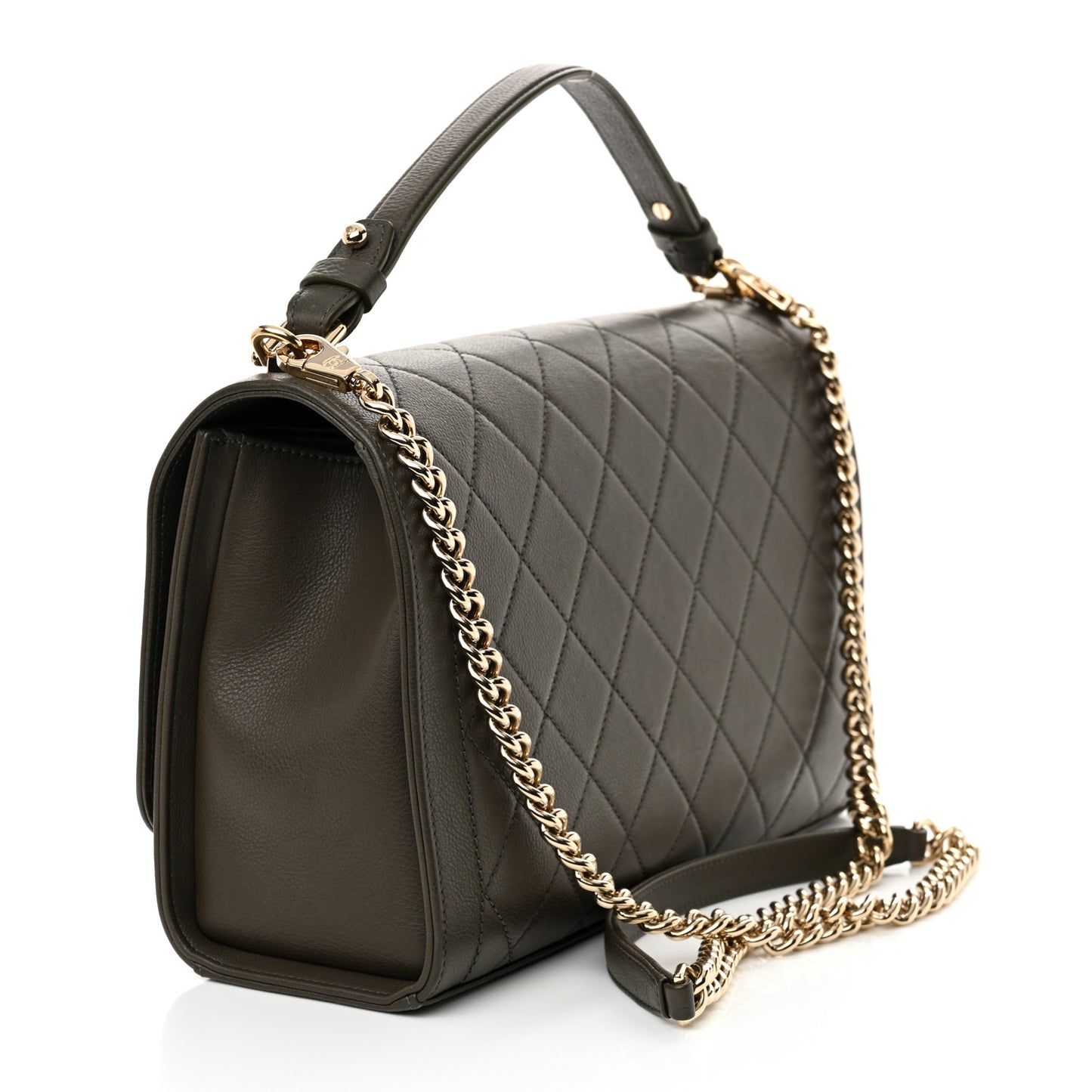 Grained Calfskin Quilted Large Label Click Flap Bag Khaki Khaki