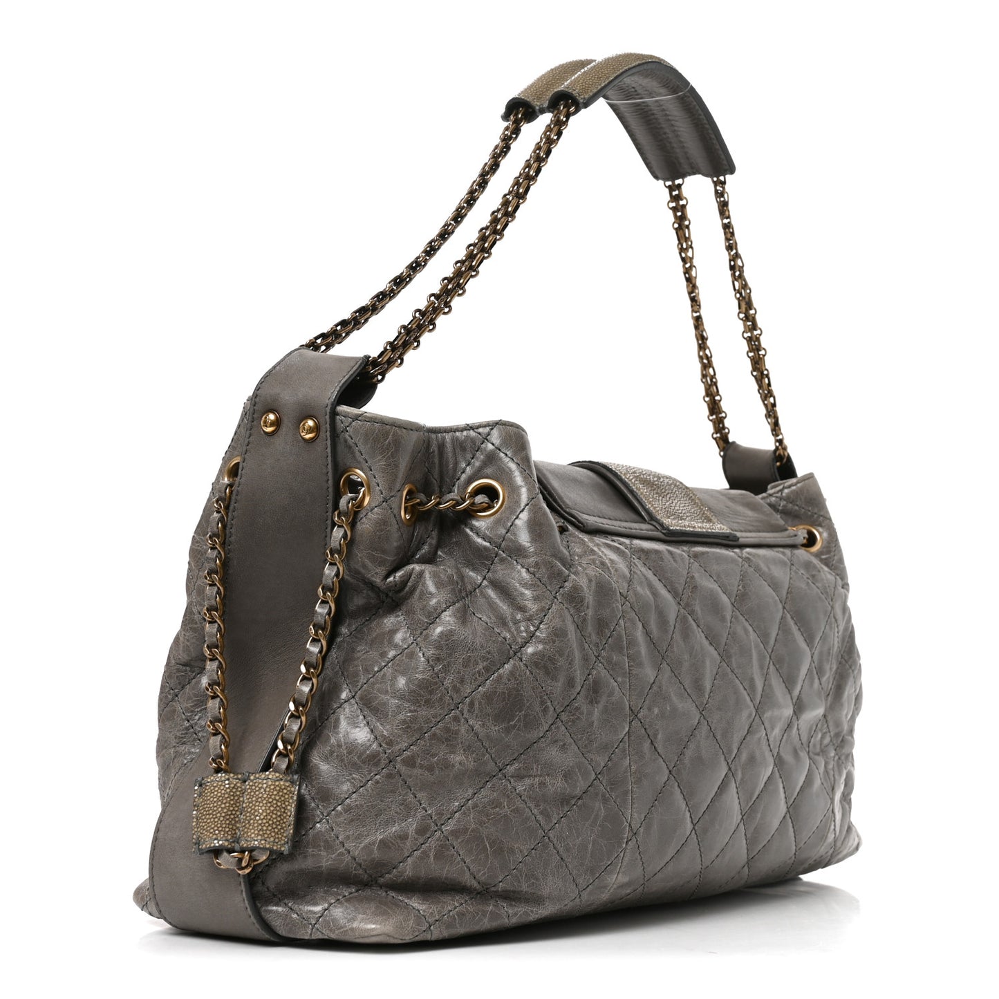 Glazed Calfskin Stingray Bindi CC Accordion Tote Grey