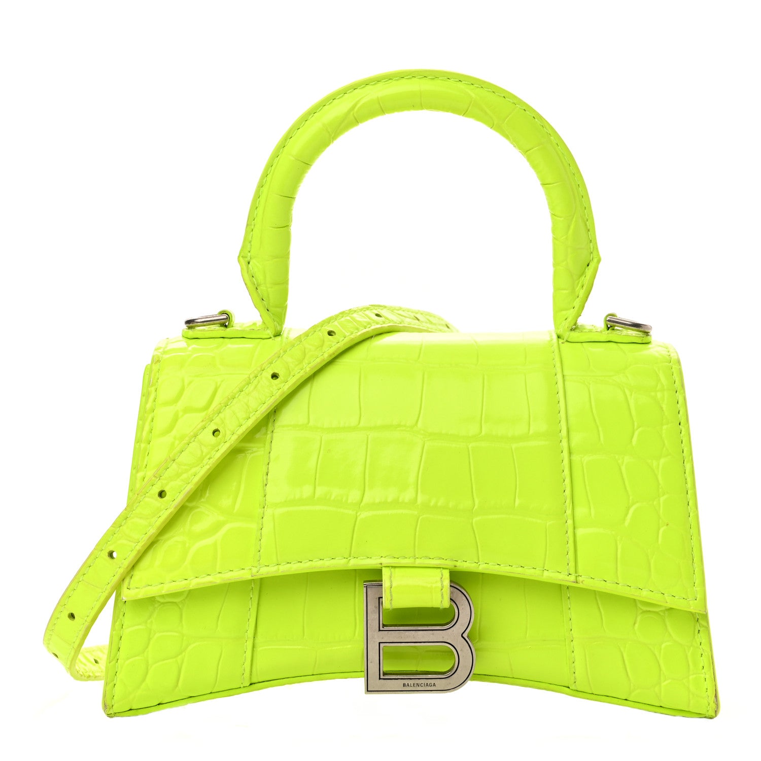Balenciaga Shiny Calfskin Crocodile Embossed Hourglass Top Handle Bag XS Fluo Yellow 1 of 20