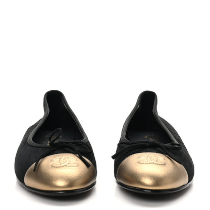 Chanel Suede Metallic Goatskin Cap Toe Ballerina Flats 38 Black Gold 3 of 10