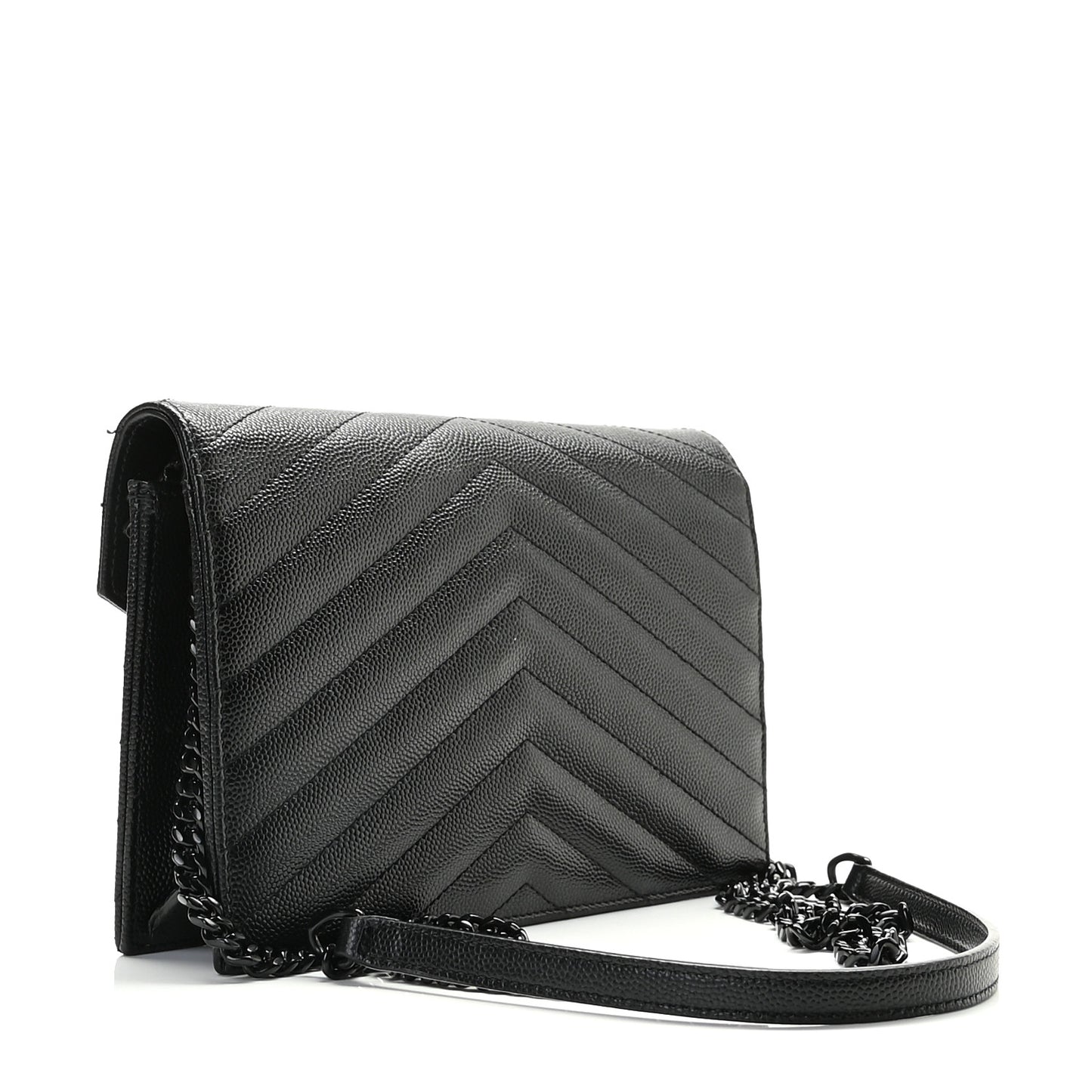 Grain De Poudre Matelasse Chevron Monogram Envelope Chain Wallet Black
