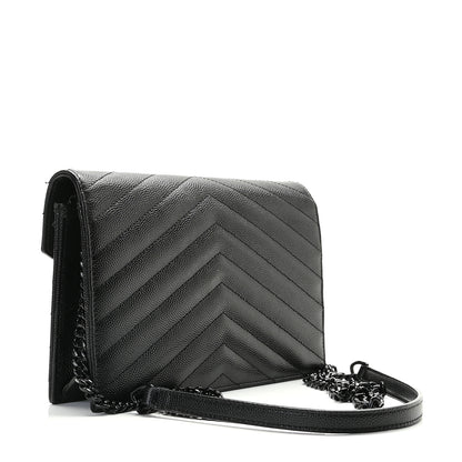 Saint Laurent Grain De Poudre Matelasse Chevron Monogram Envelope Chain Wallet Black 3 of 13