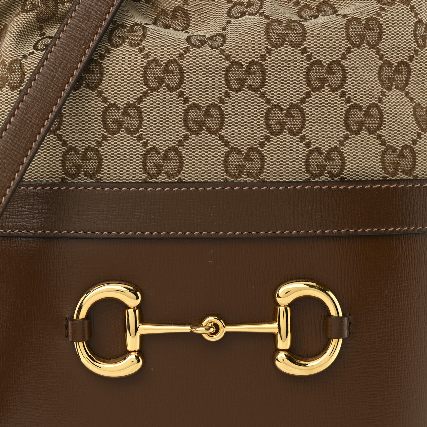 Monogram Textured Calfskin Horsebit 1955 Drawstring Bucket Bag Beige Brown Sugar