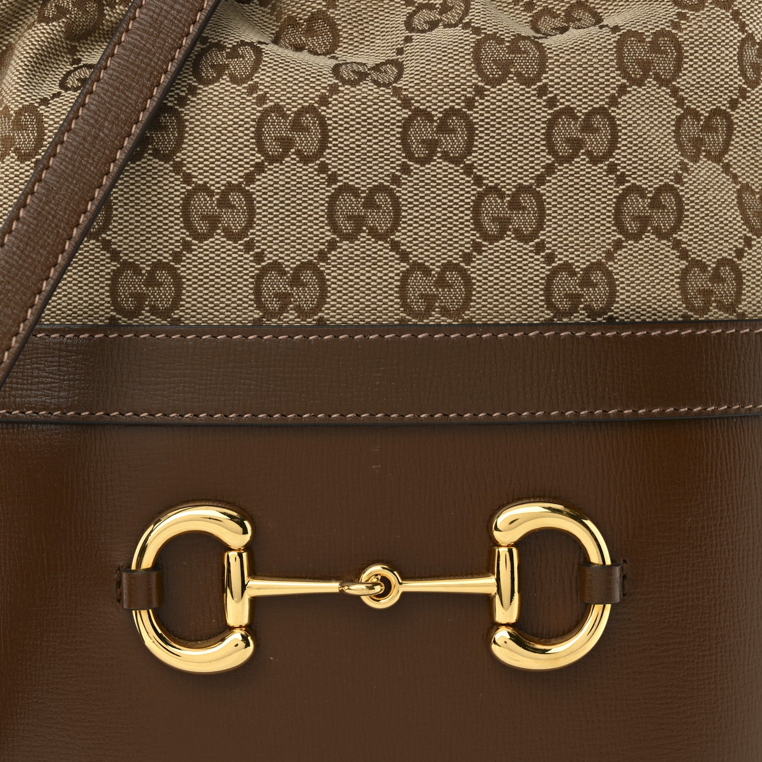 Gucci Monogram Textured Calfskin Horsebit 1955 Drawstring Bucket Bag Beige Brown Sugar 7 of 9