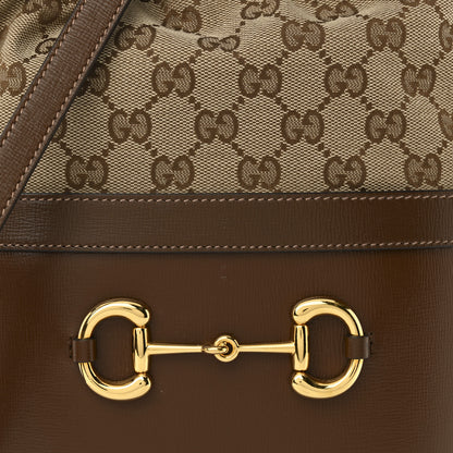 Gucci Monogram Textured Calfskin Horsebit 1955 Drawstring Bucket Bag Beige Brown Sugar 7 of 9