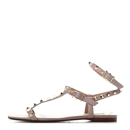 Valentino Garavani Nappa Rockstud Ankle T-Strap Caged Flat Sandals 38.5 Poudre 1 of 4