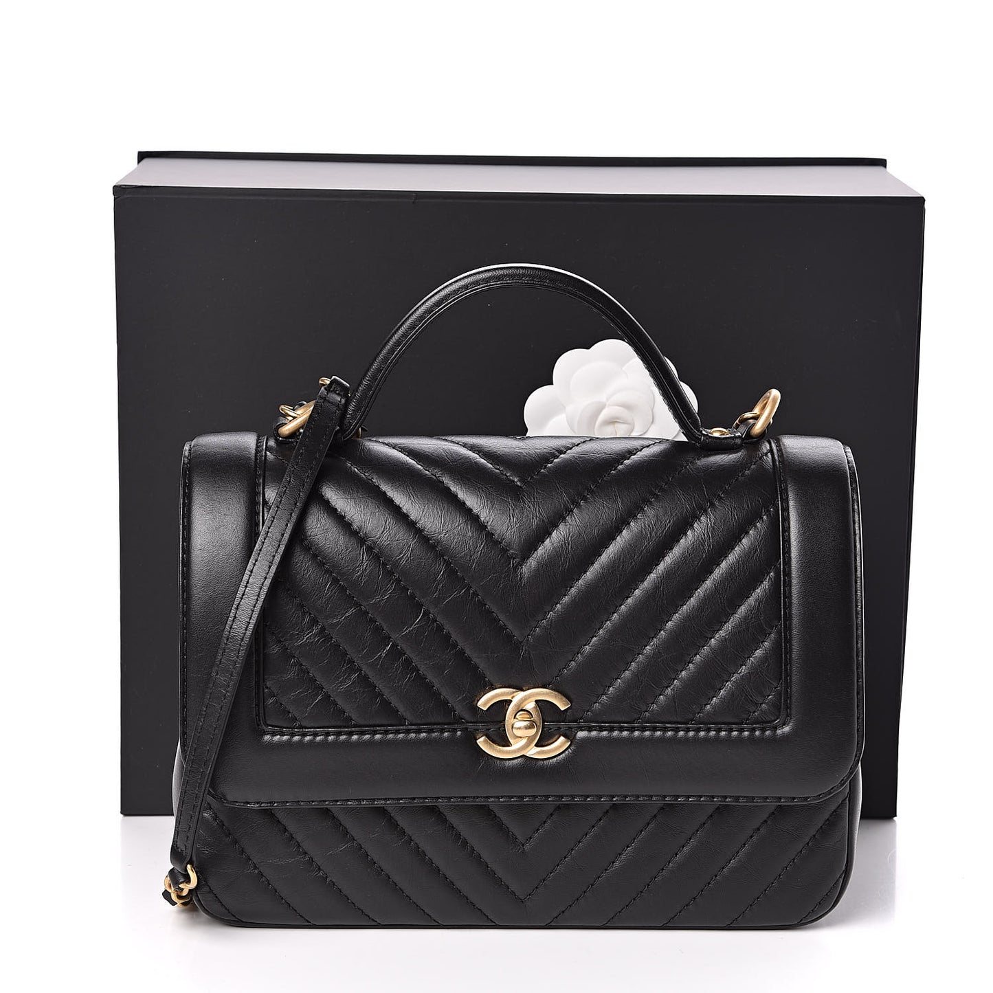 Calfskin Chevron Quilted Top Handle Flap Black
