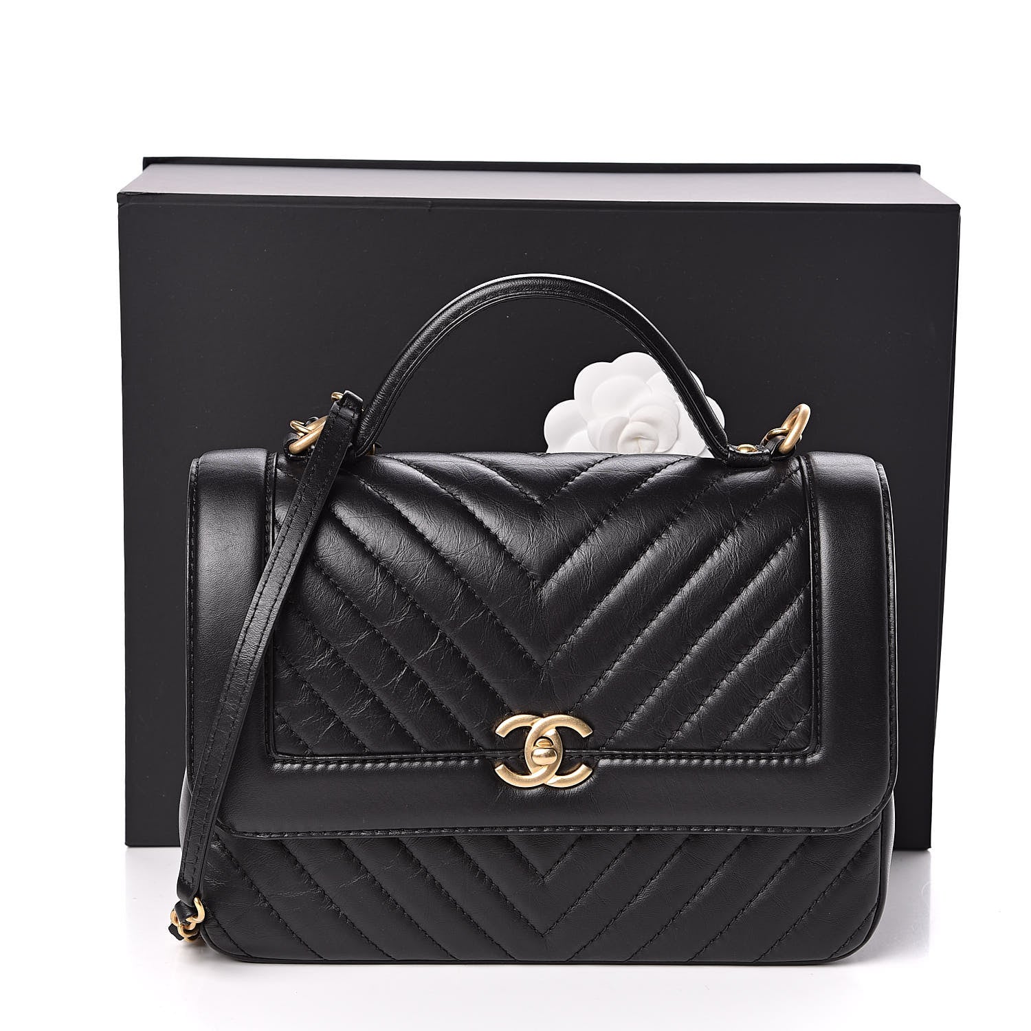Chanel Calfskin Chevron Quilted Top Handle Flap Black 11 of 11
