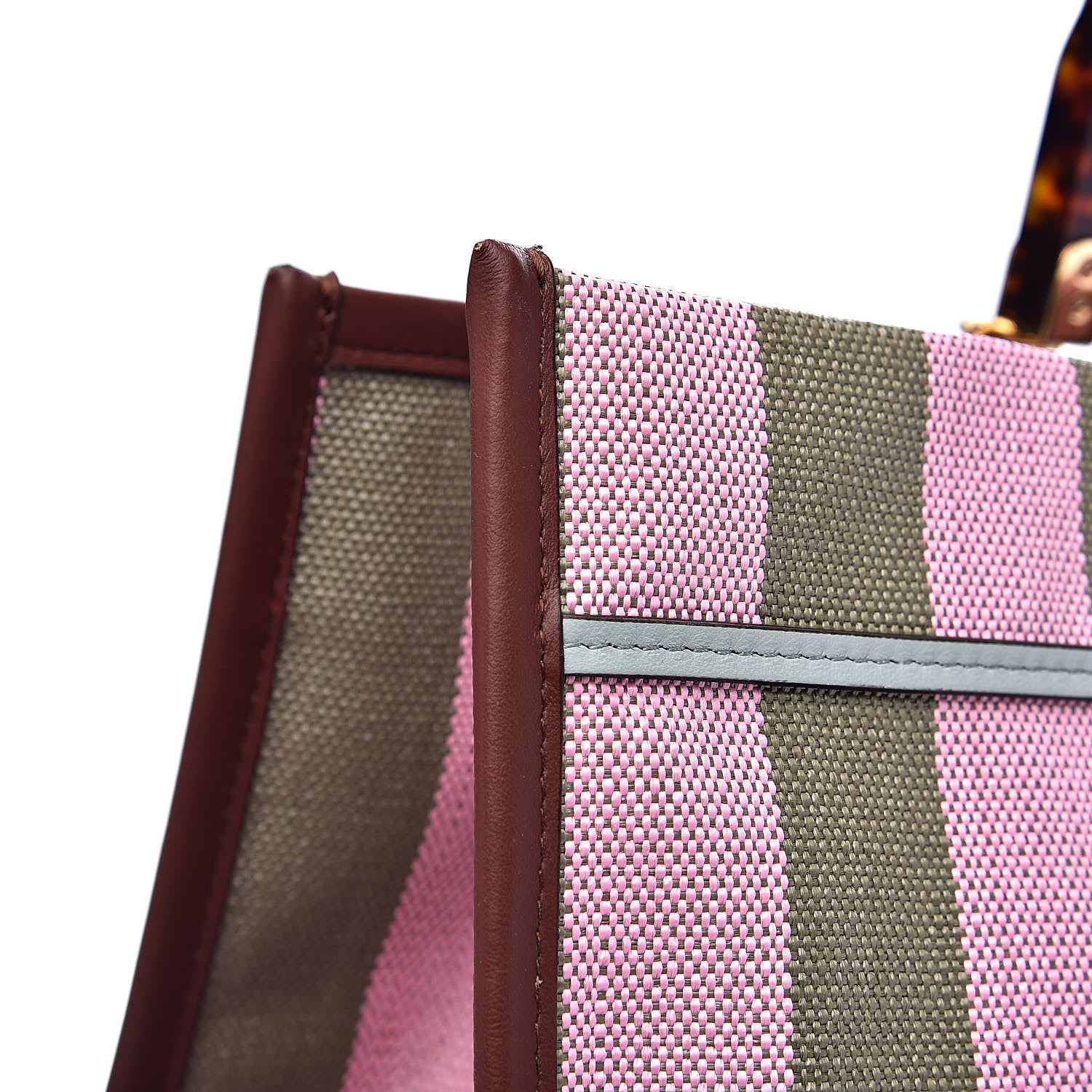 Fendi Raffia Vitello Seta Plexiglass Pequin Gingham Woven Large Fendi Sunshine Shopper Tote Military Rosa 11 of 11