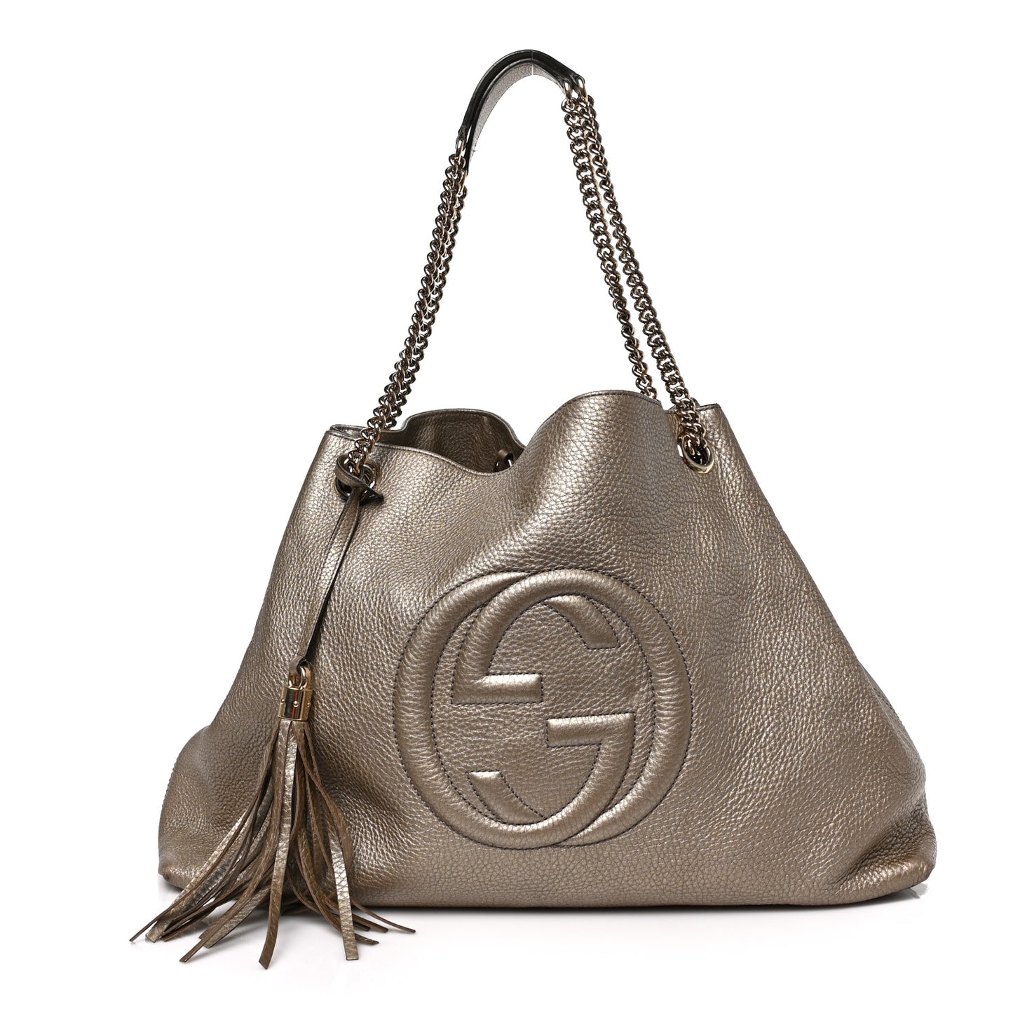 Metallic Pebbled Calfskin Large Soho Chain Shoulder Bag Golden Beige