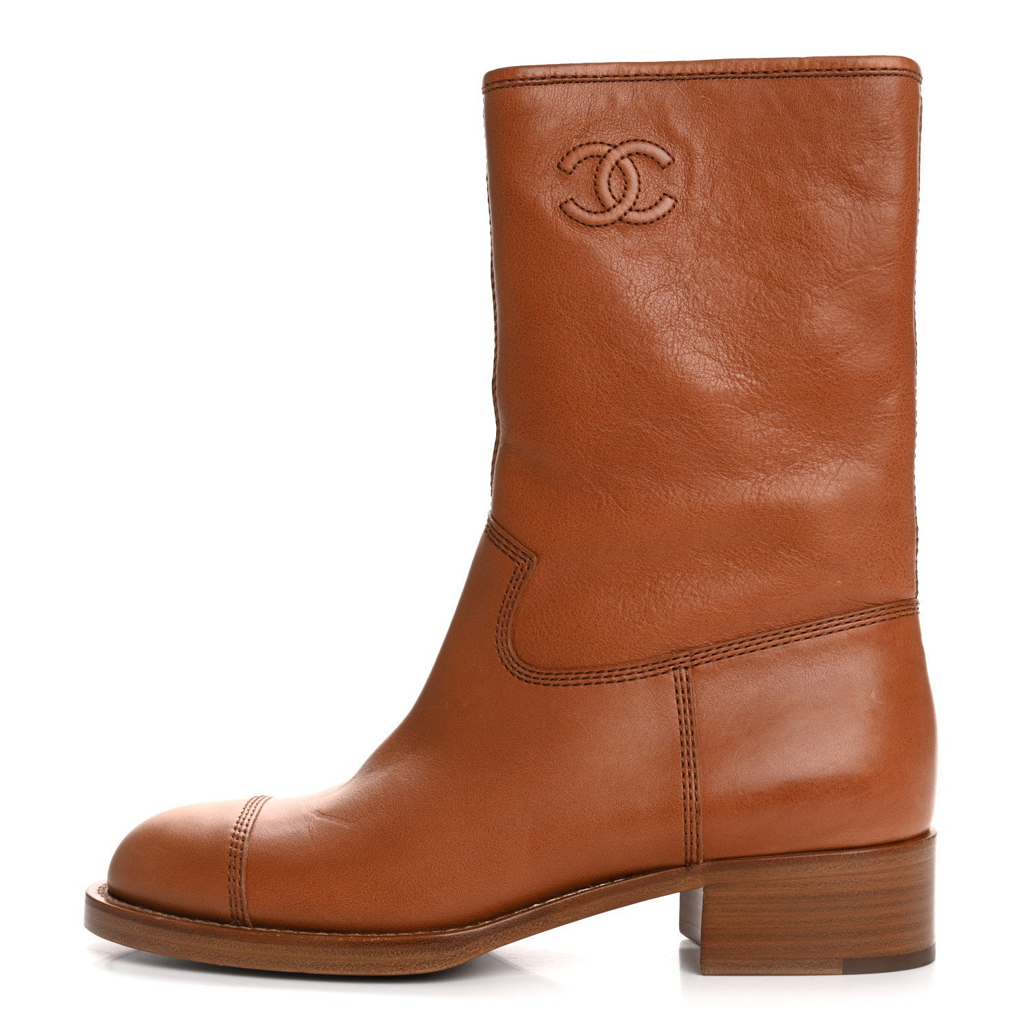 Chanel Calfskin CC Logo Mid Calf Boots 38.5 Caramel 1 of 13