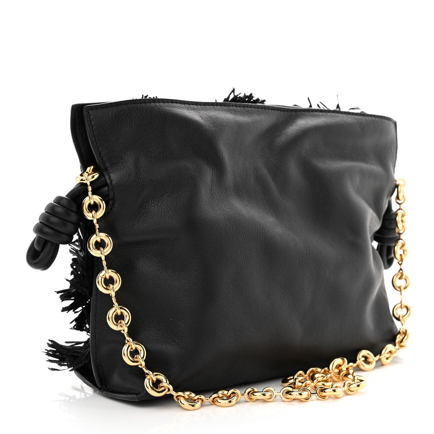 x HOWLS MOVING CASTLE Calfskin Suede Raffia Mini Flamenco Knot Clutch With Chain Black