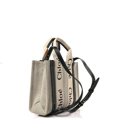 Chloe Cotton Calfskin Small Woody Ribbon Tote With Strap White Navy 2 of 6