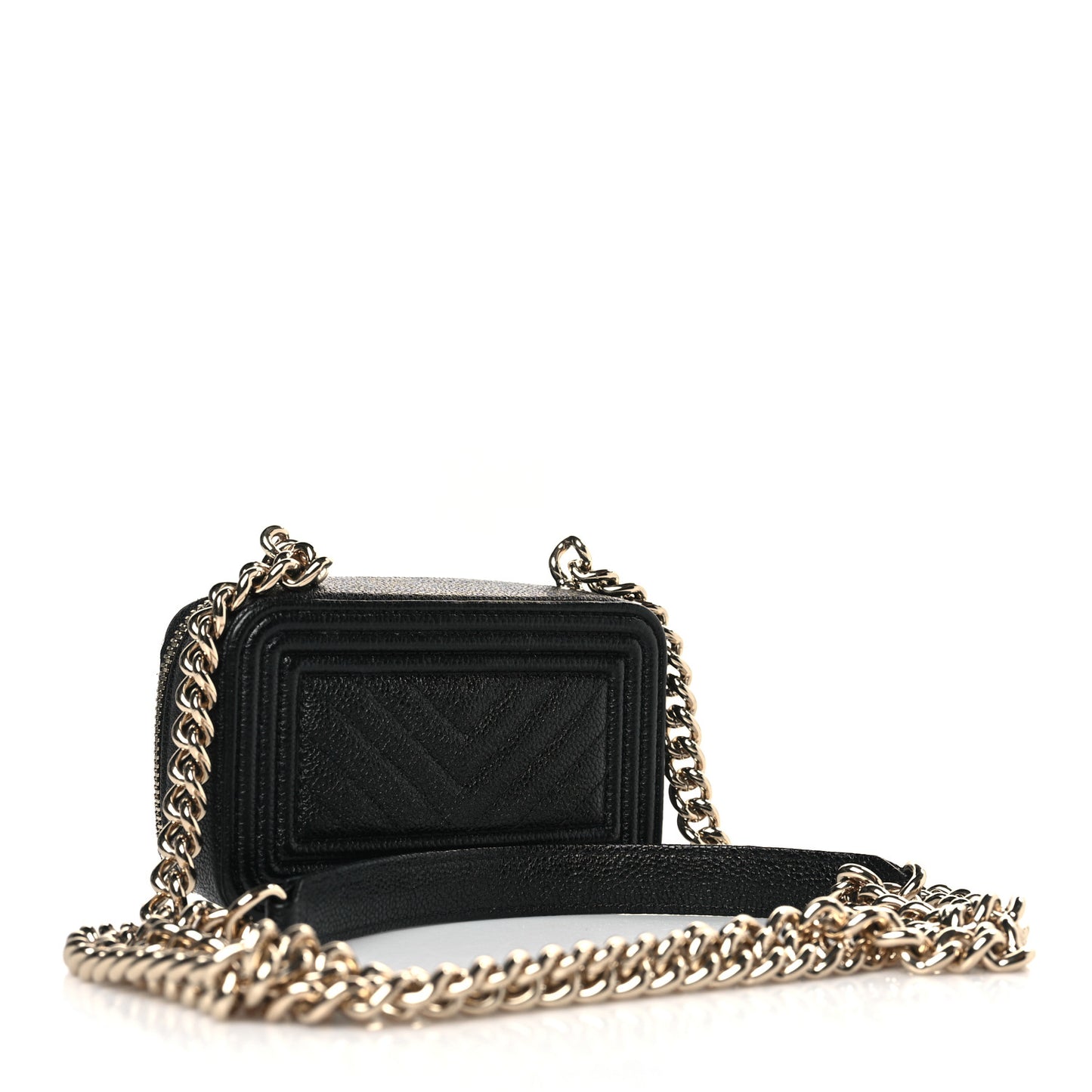 Caviar Chevron Quilted Mini Boy Clutch With Chain Black