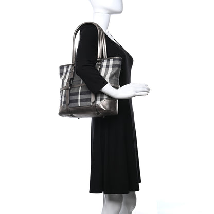 Burberry Metallic Calfskin House Check Tote Pewter 2 of 12