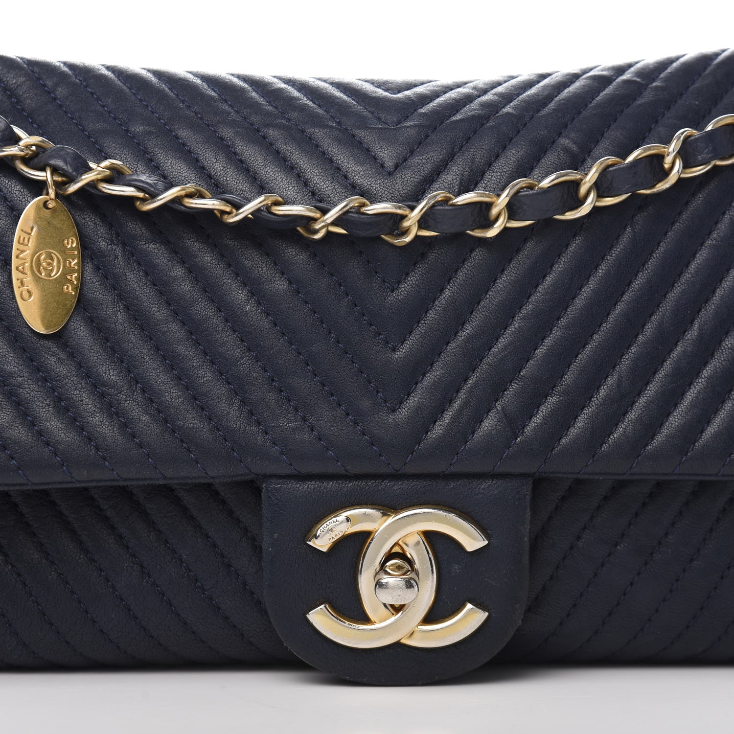 Chanel Calfskin Surpique Chevron Medium Flap Navy 10 of 12