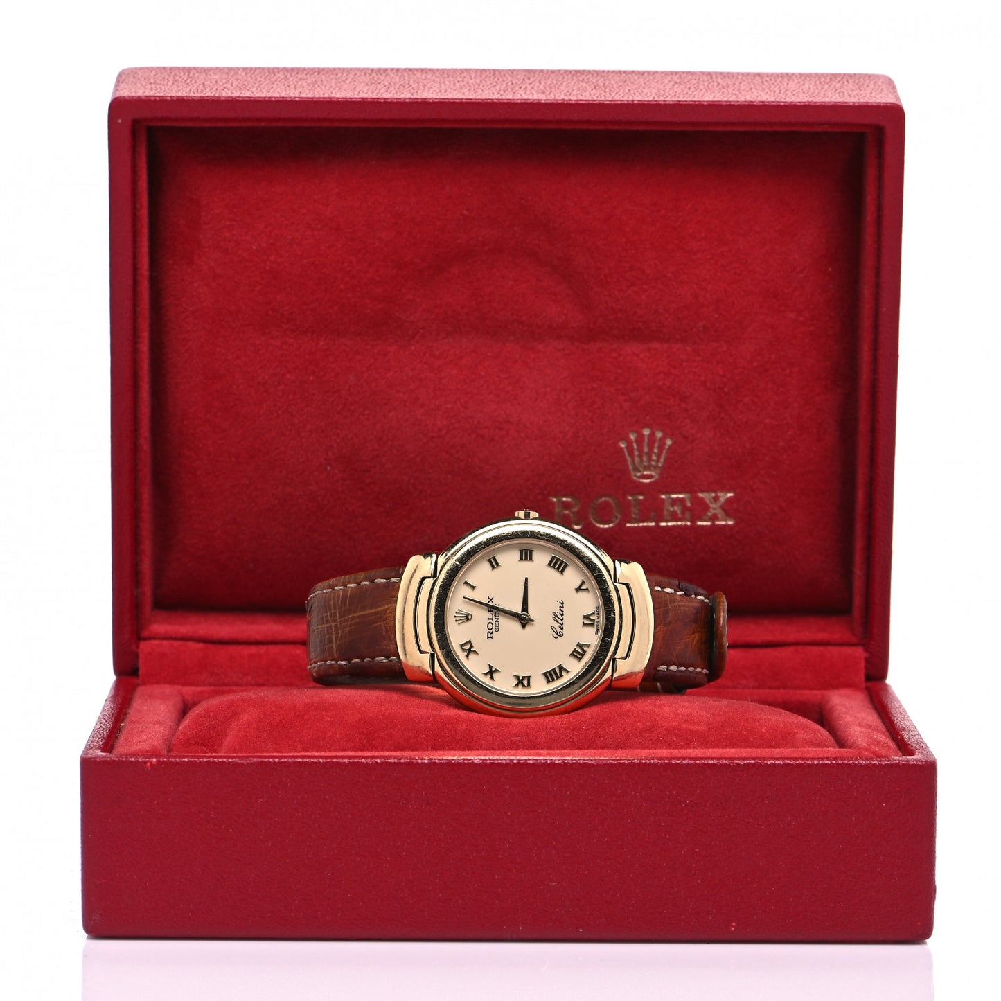 18K Yellow Gold Ostrich 33mm Cellini Quartz Watch Brown