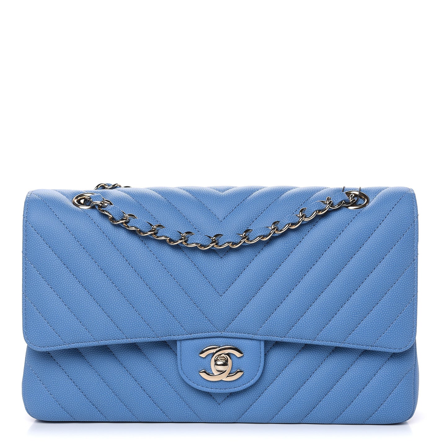 Caviar Flat Chevron Quilted Medium Double Flap Blue