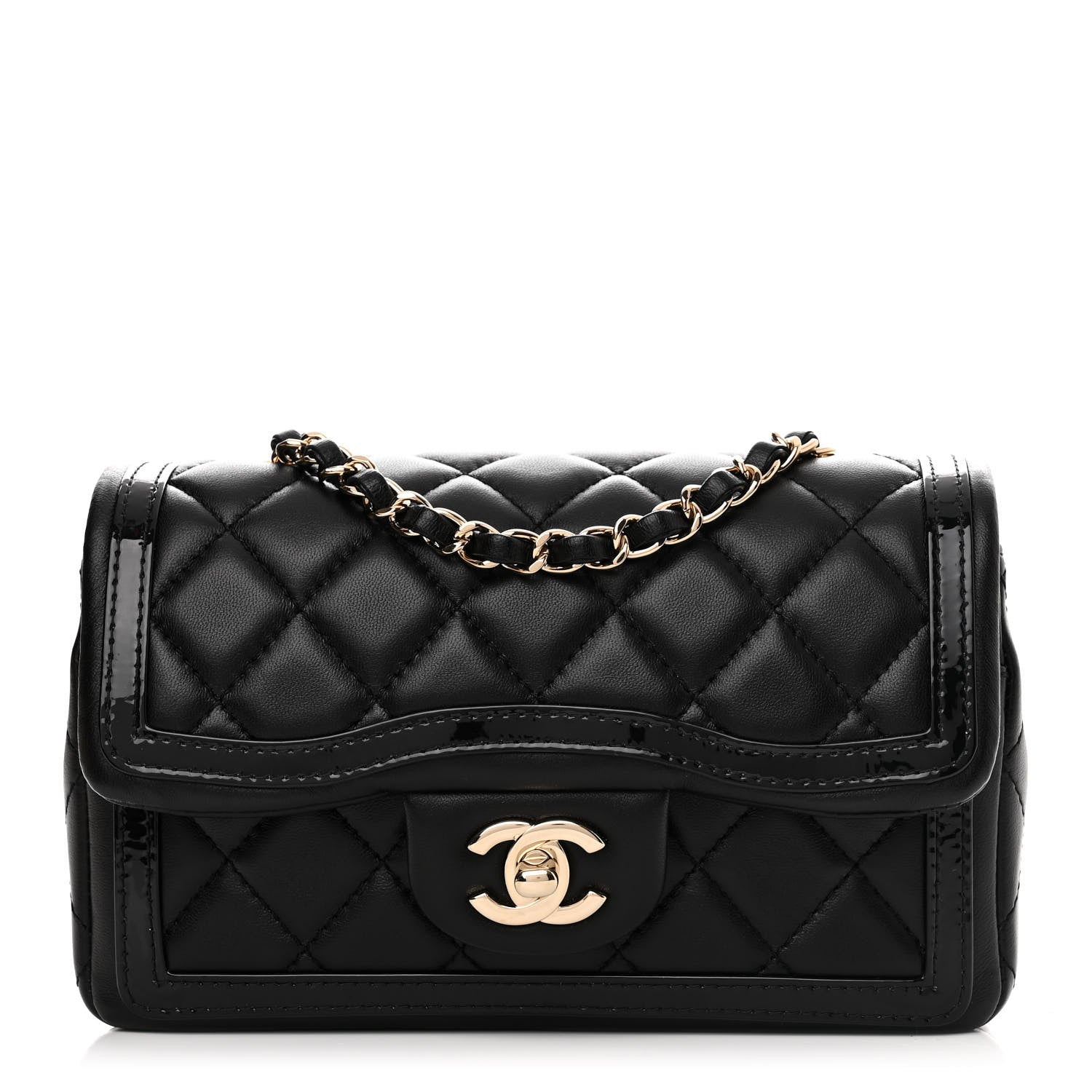 Chanel Lambskin Patent Calfskin Quilted Flap Phone Holder With Chain Black 1 of 10