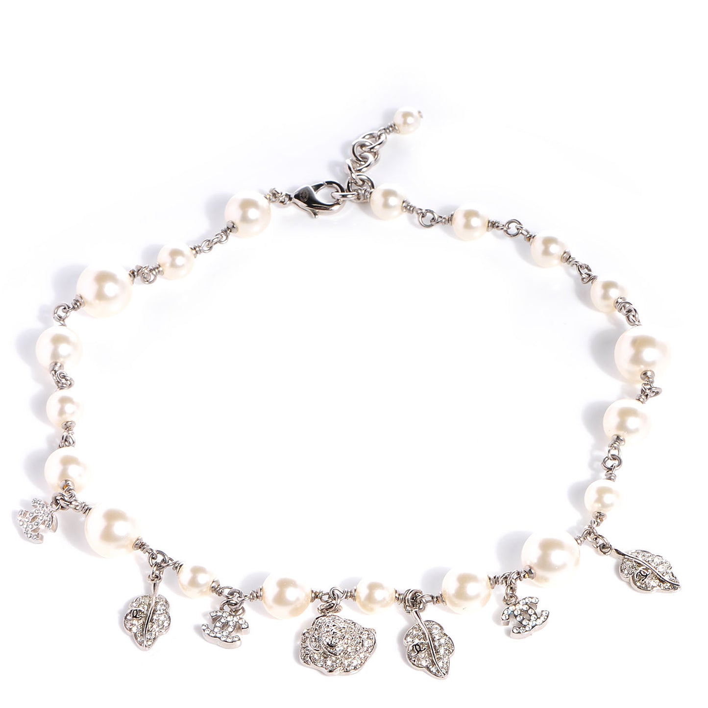 Crystal Pearl CC Camellia Charm Necklace Silver
