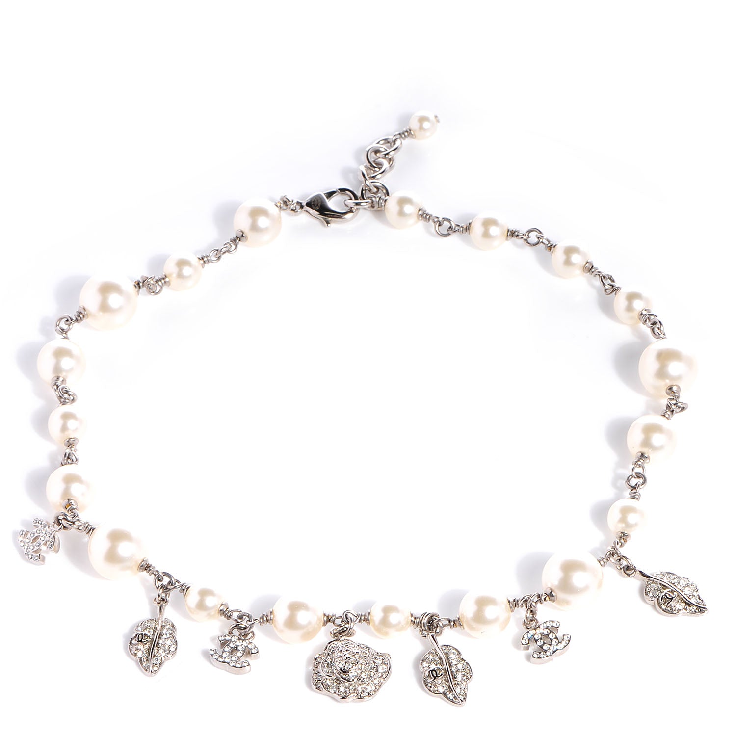 Chanel Crystal Pearl CC Camellia Charm Necklace Silver 1 of 5
