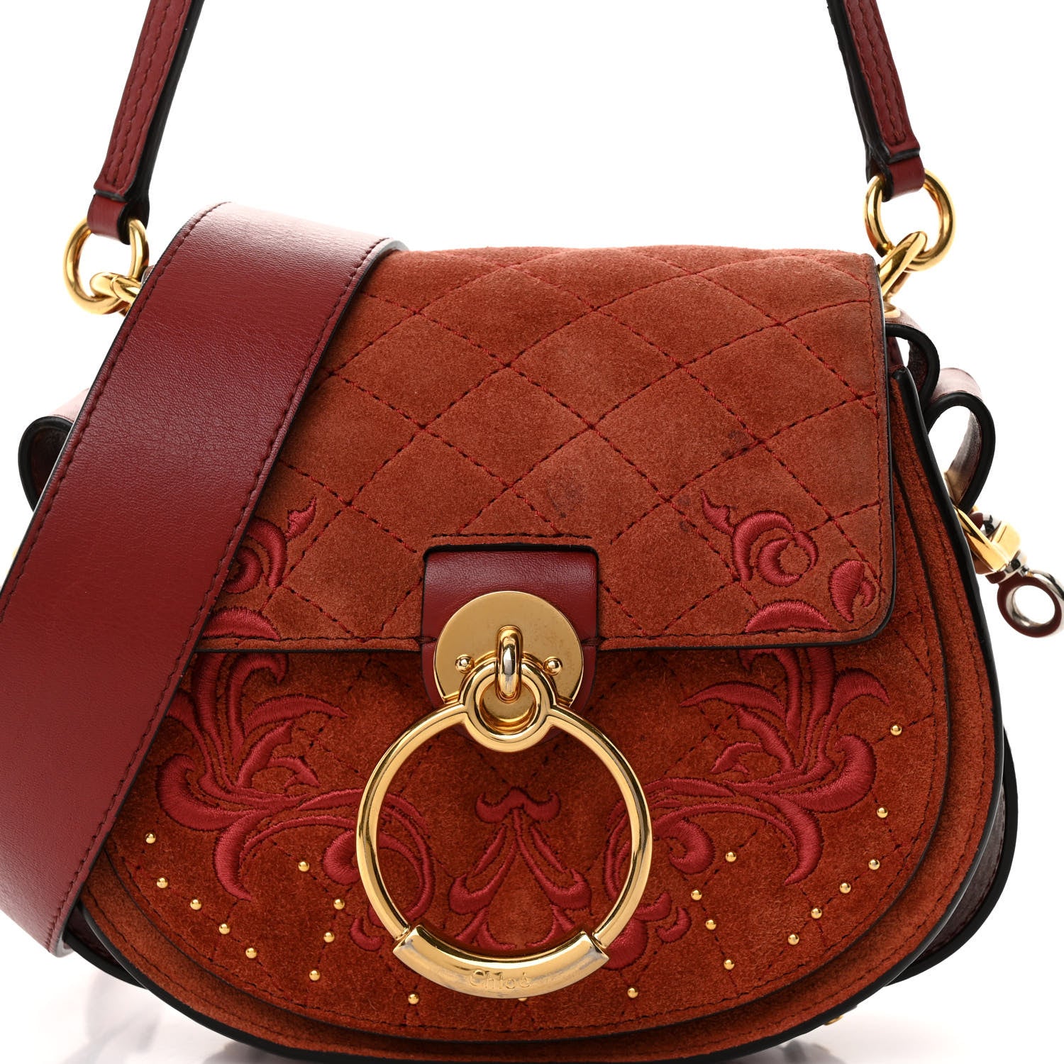 Chloe Suede Calfskin Quilted Embroidered Small Tess Saddle Bag Reddish Brown 7 of 12