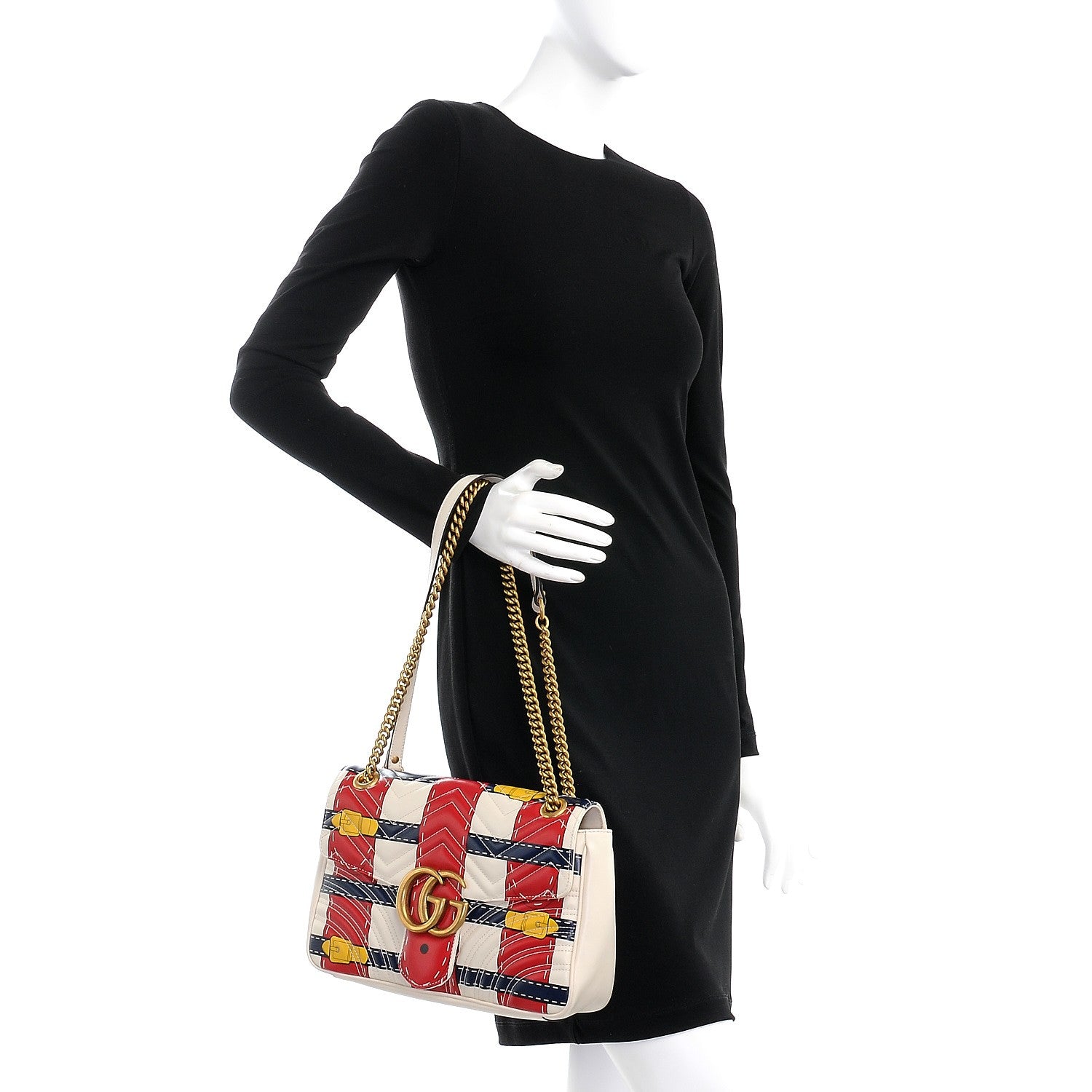 Gucci Calfskin Matelasse Trompe L'Oeil Print Medium GG Marmont Shoulder Bag Mystic White Hibiscus Red Marine Giallo 3 of 8