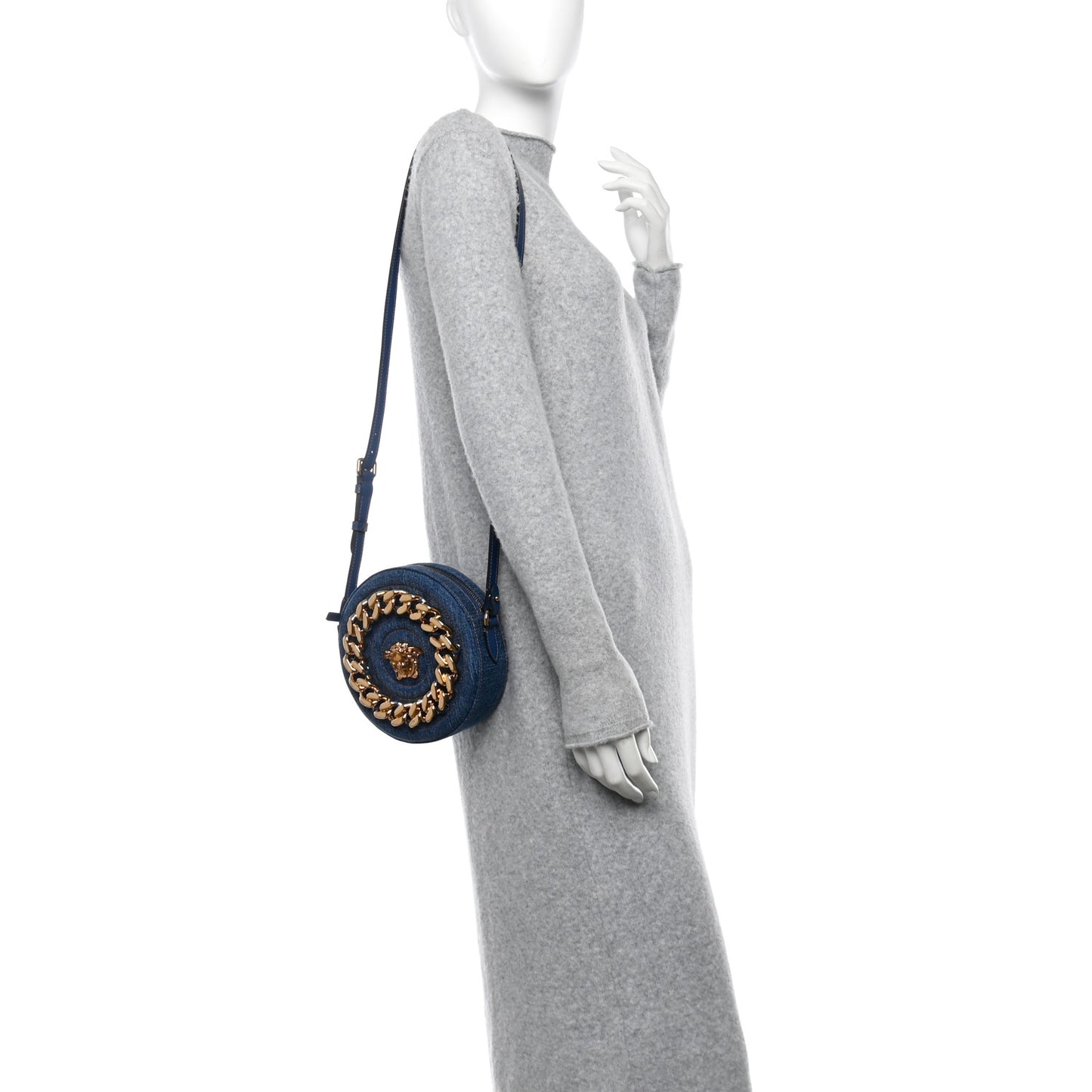 Denim Mini La Medusa Disco Round Crossbody Bag Navy Blue