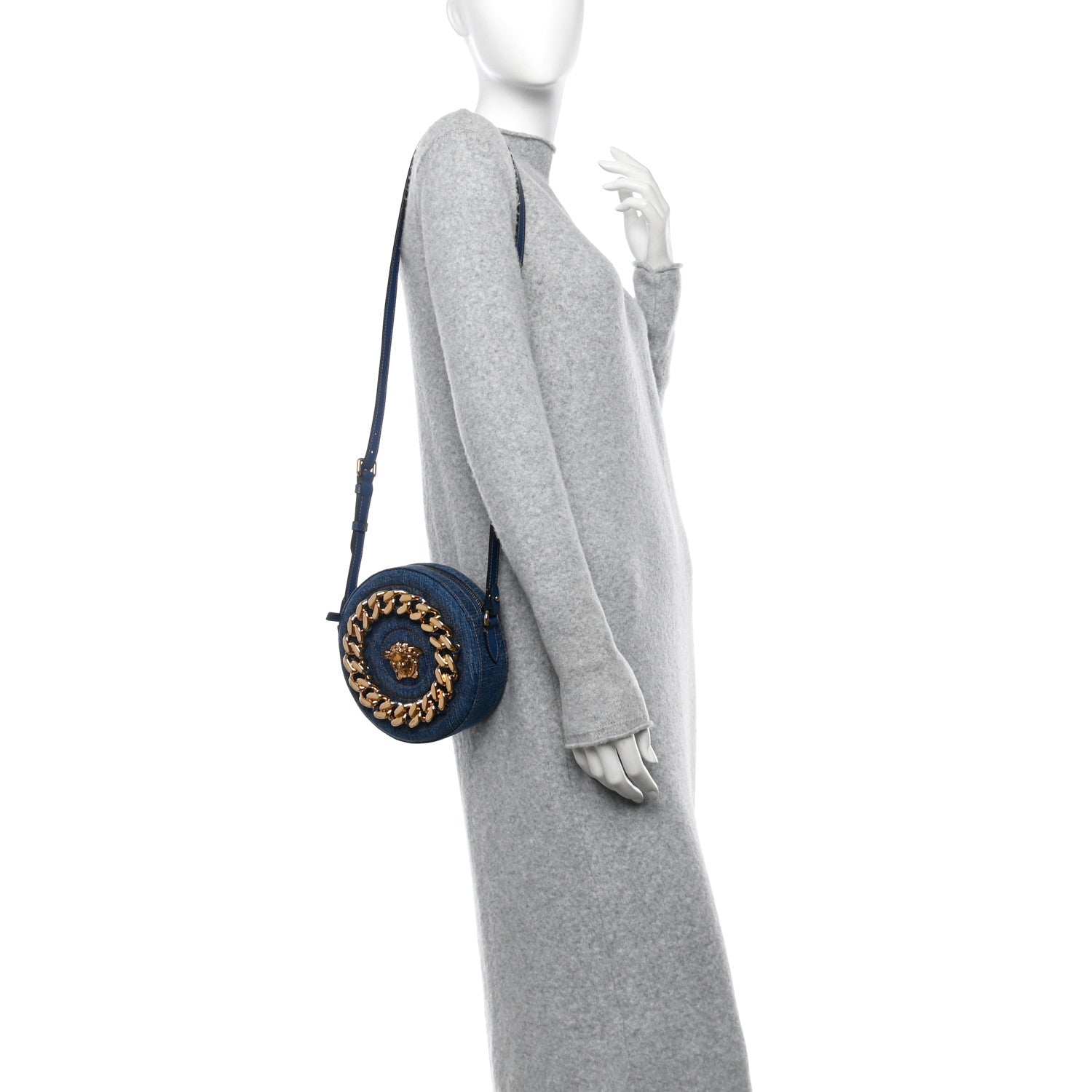 Versace Denim Mini La Medusa Disco Round Crossbody Bag Navy Blue 2 of 10