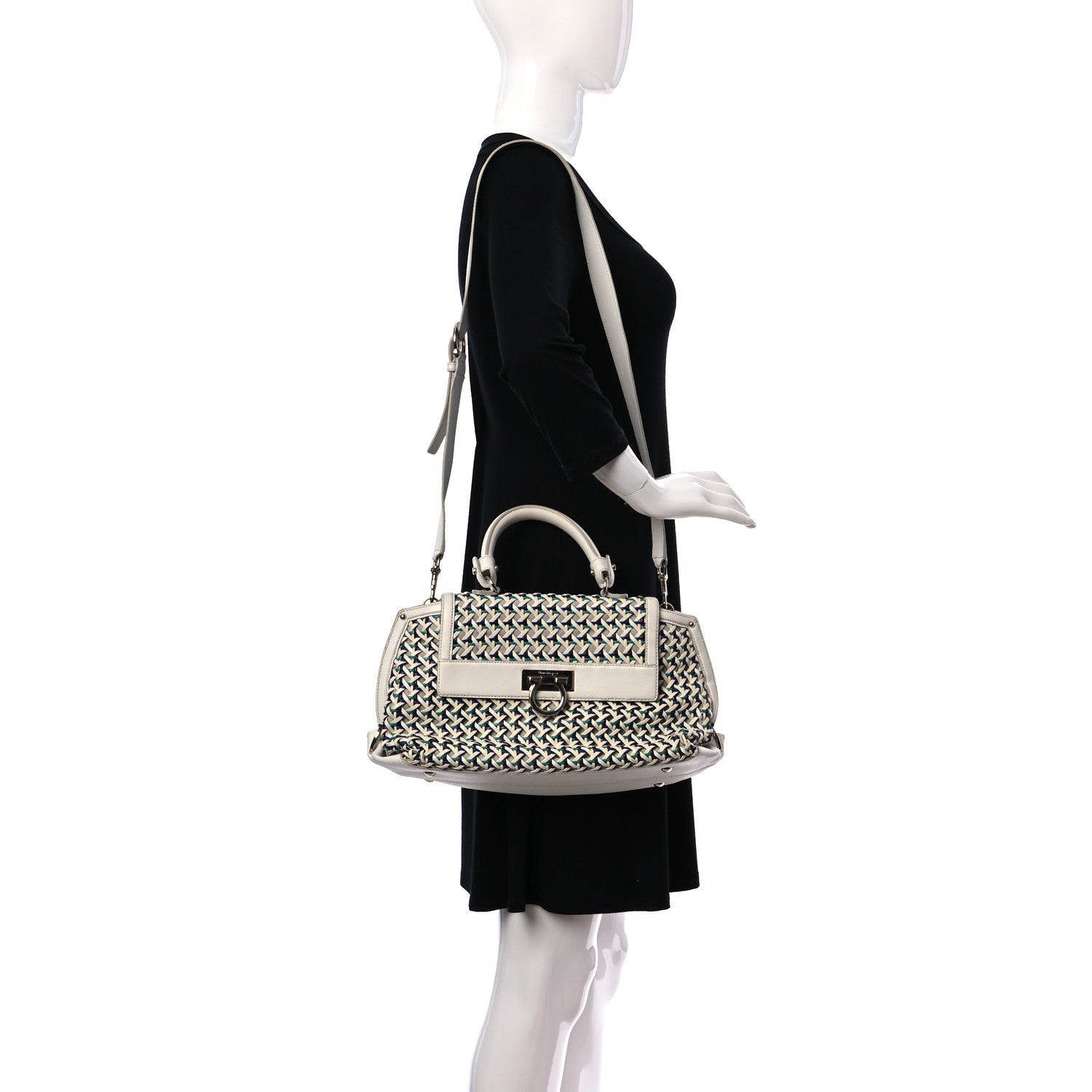 Salvatore Ferragamo Woven Nappa Sofia Satchel White Cream Teal Bright Blue 2 of 10