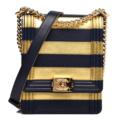 Chanel Metallic Lambskin Striped North South Boy Flap Navy Gold 1 of 11