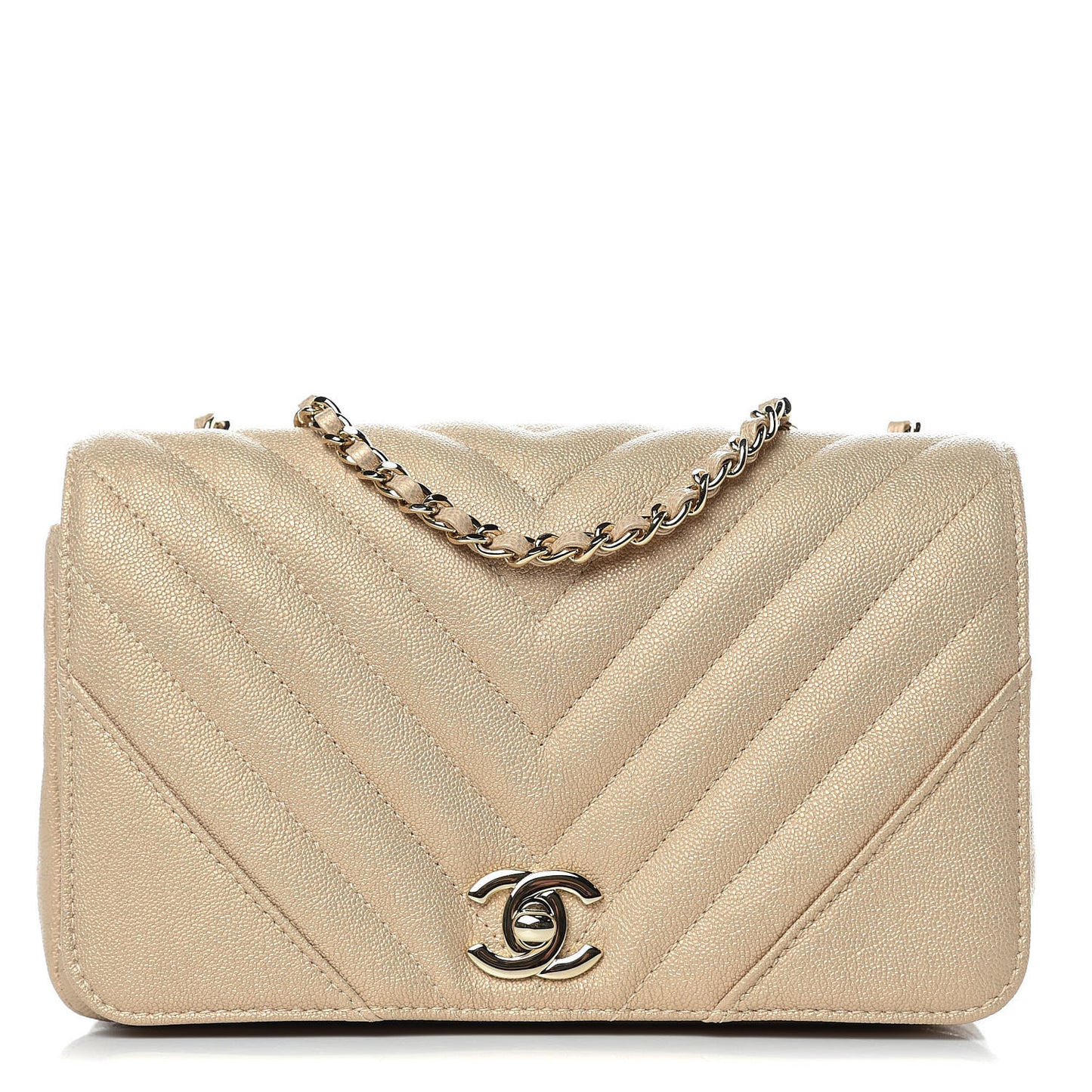 Metallic Caviar Chevron Quilted Mini Statement Flap Beige