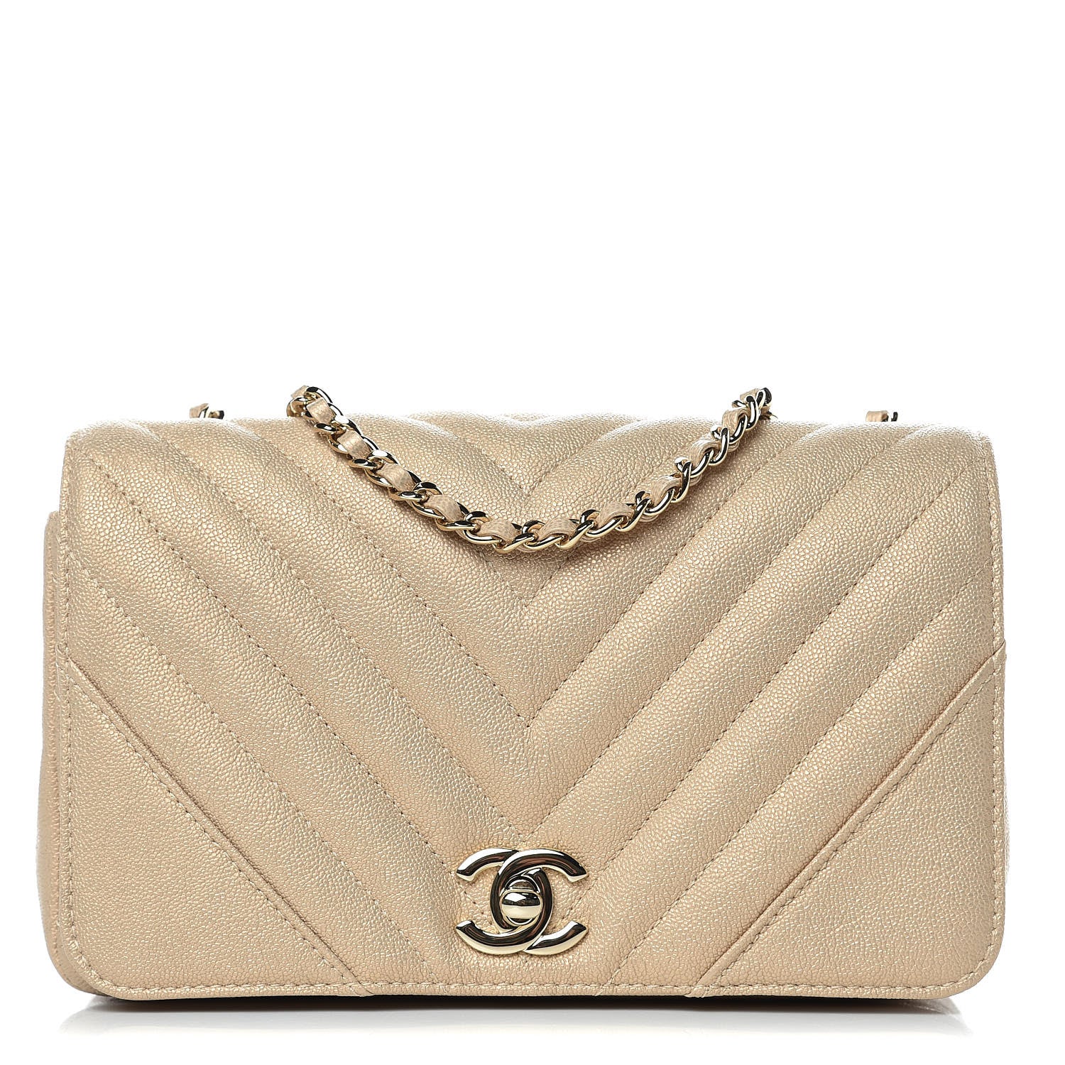 Chanel Metallic Caviar Chevron Quilted Mini Statement Flap Beige 1 of 10