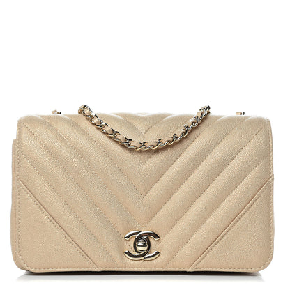 Chanel Metallic Caviar Chevron Quilted Mini Statement Flap Beige 1 of 10