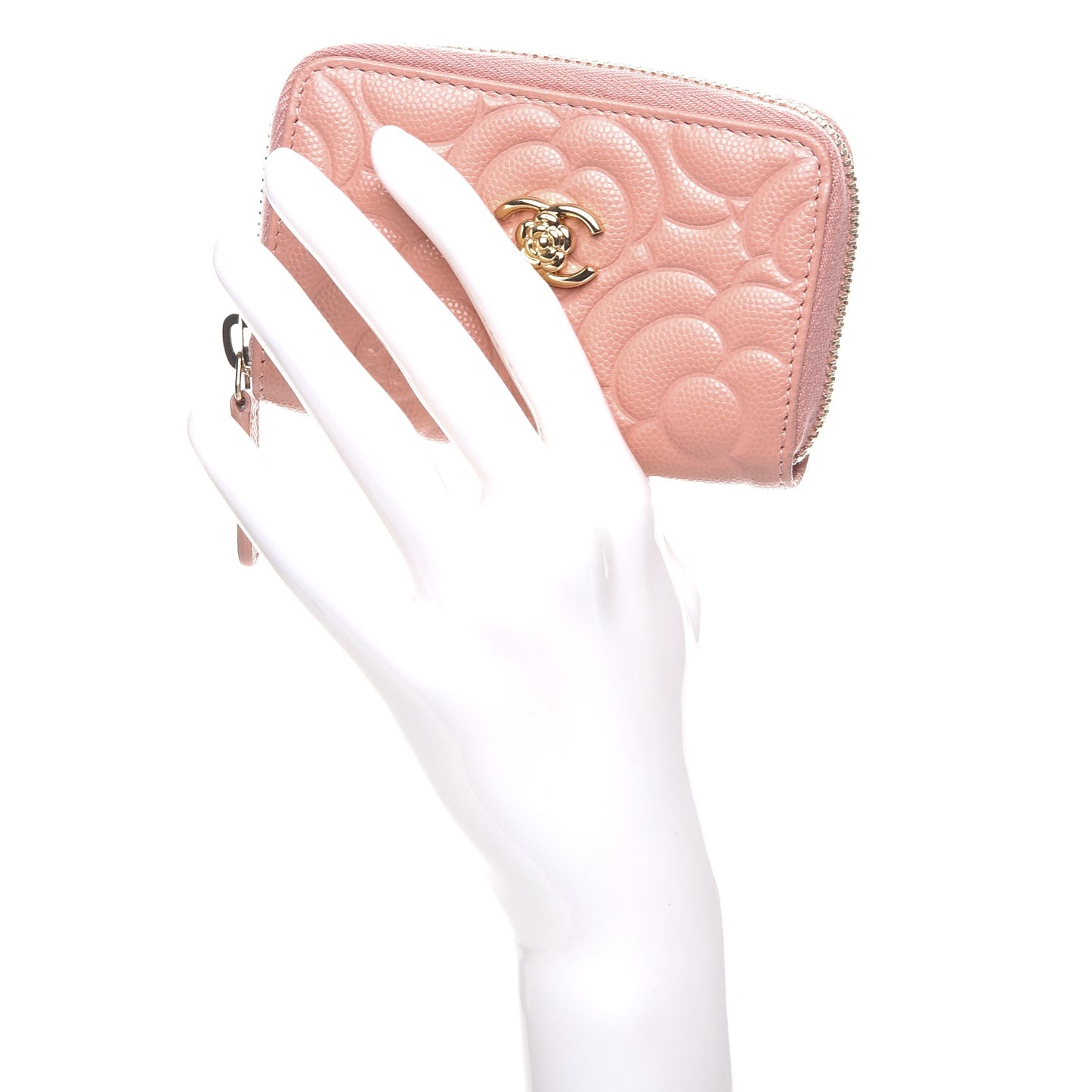 Caviar Camellia Embossed Zip Coin Purse Pink